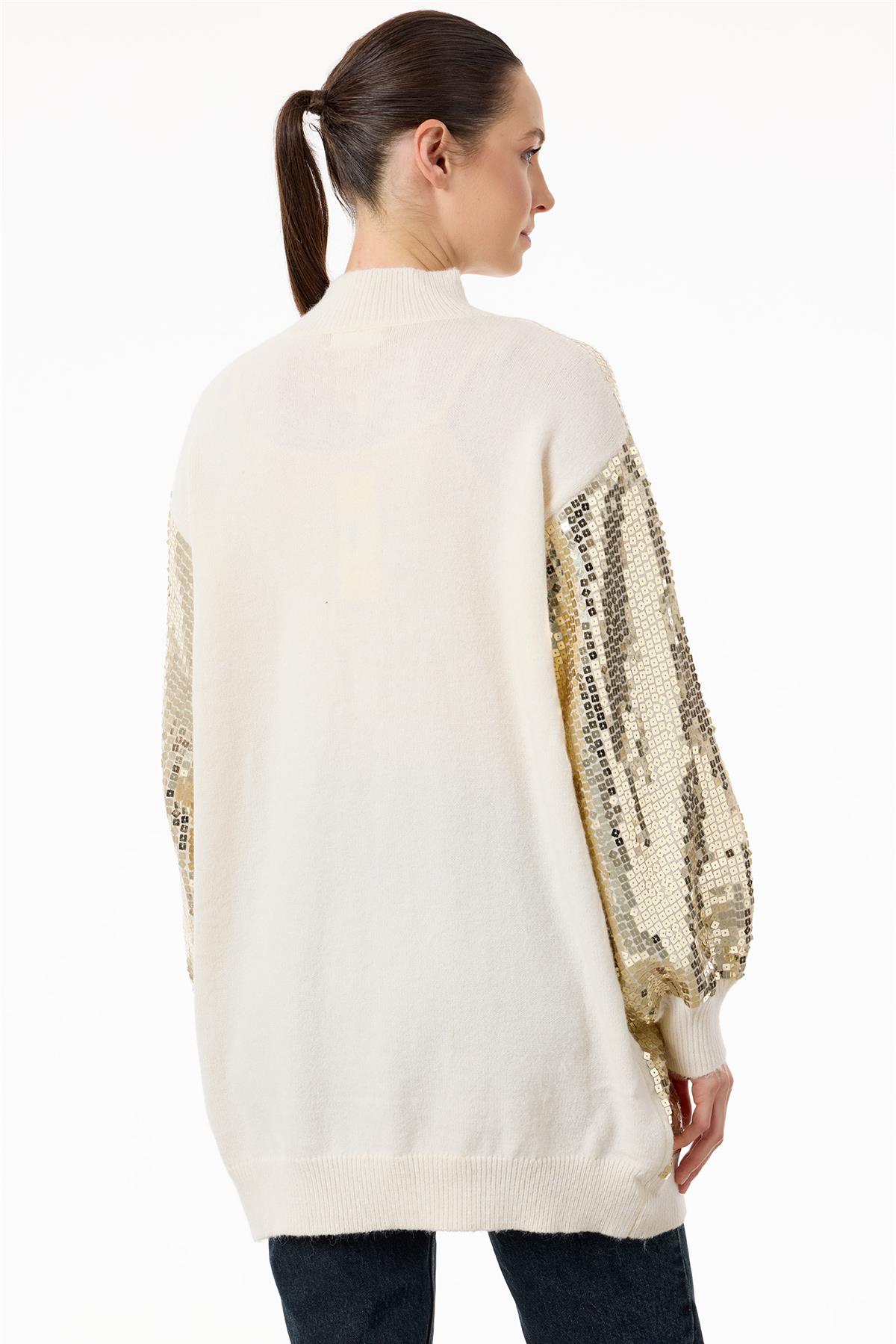 Payetli Yarım Balıkçı Triko Tunik BEJ/GOLD