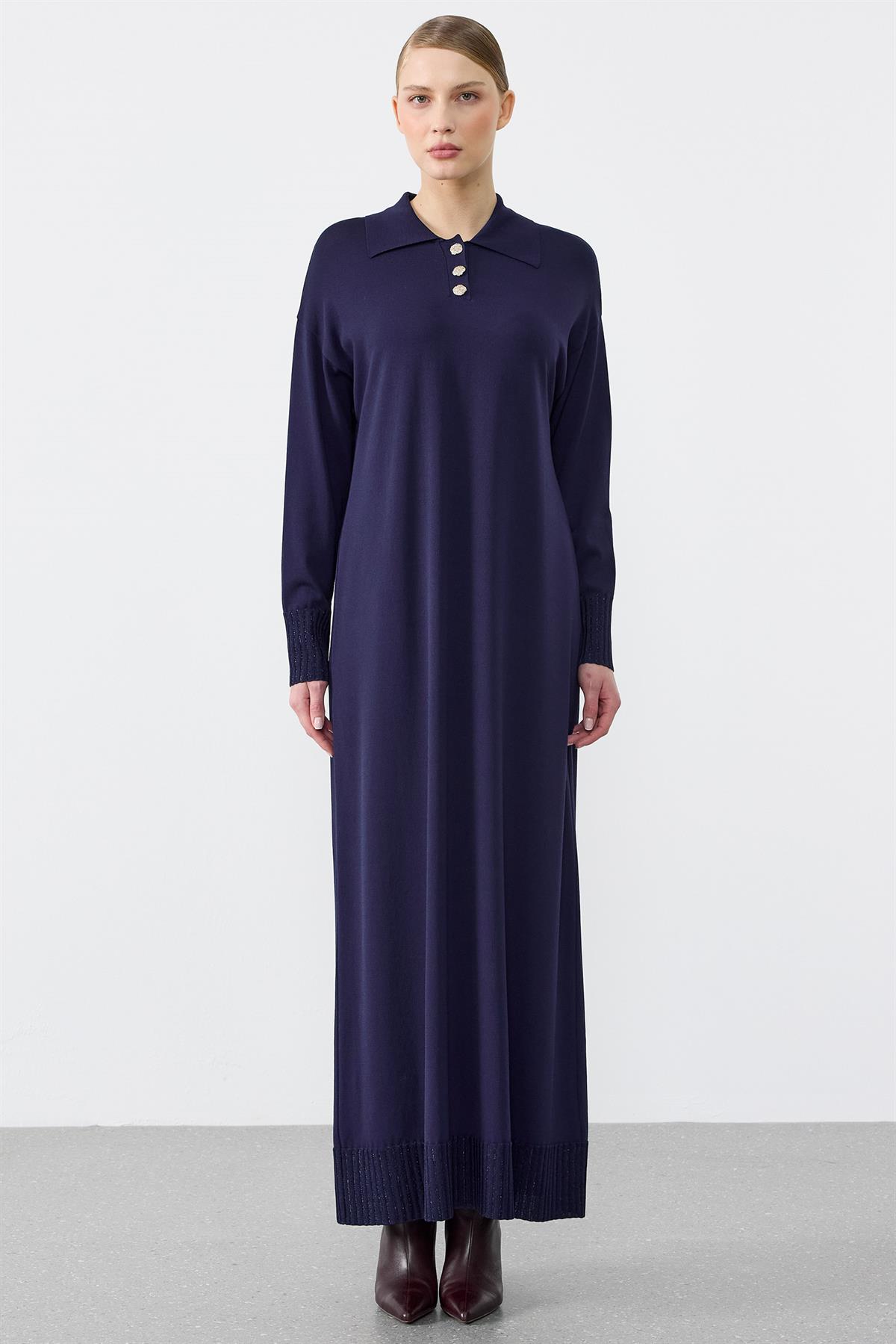 Pola Yaka Rayon Elbise LACİVERT