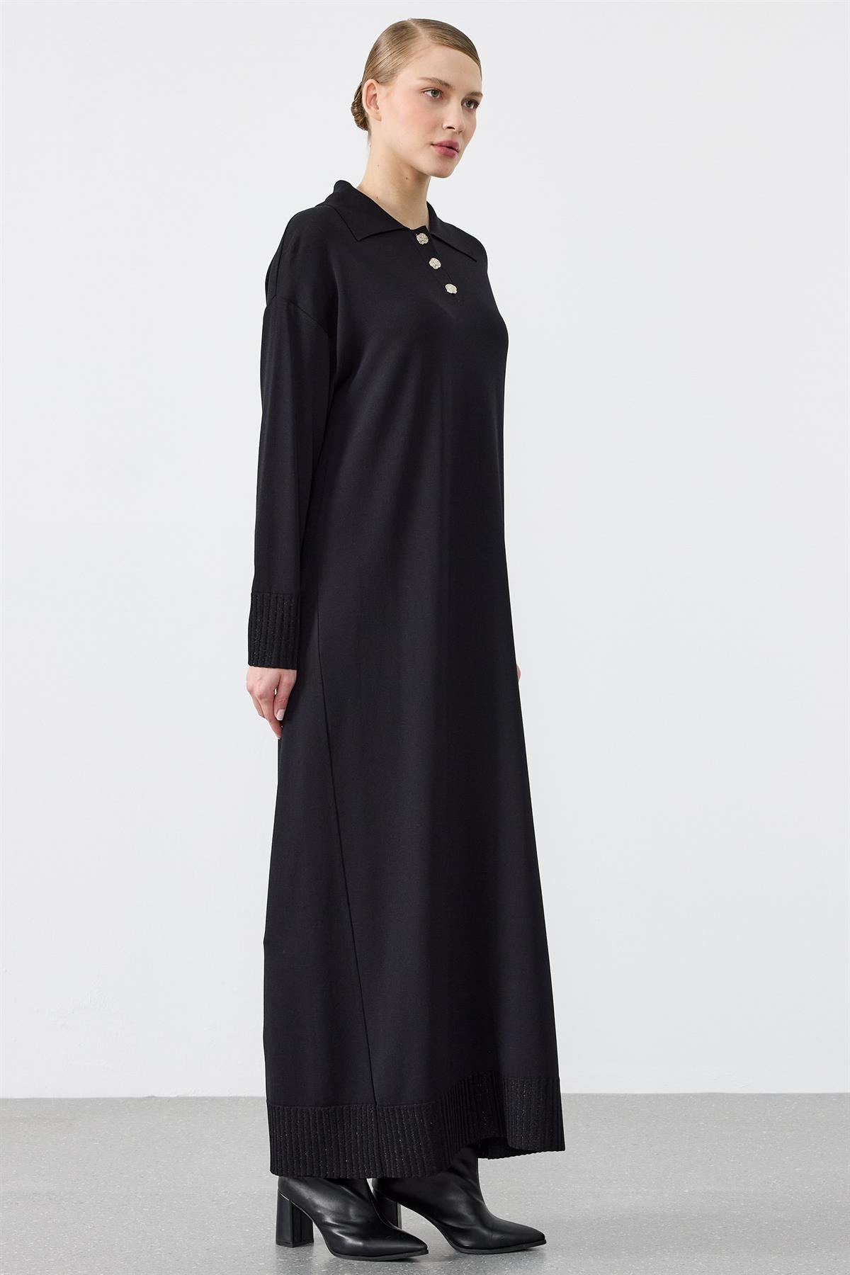 Pola Yaka Rayon Elbise SİYAH