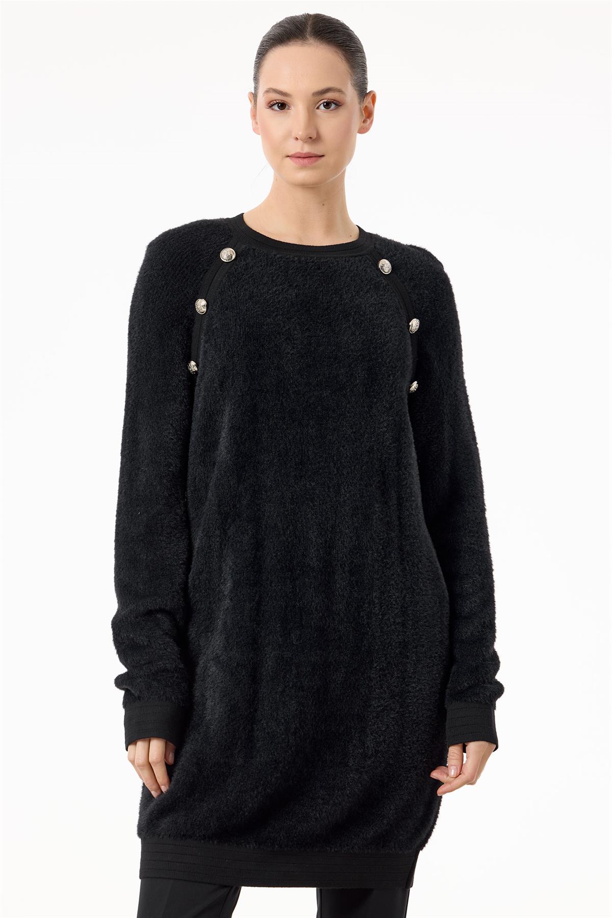 Reglan Kollu Düğme Detaylı Mink Tunik SİYAH