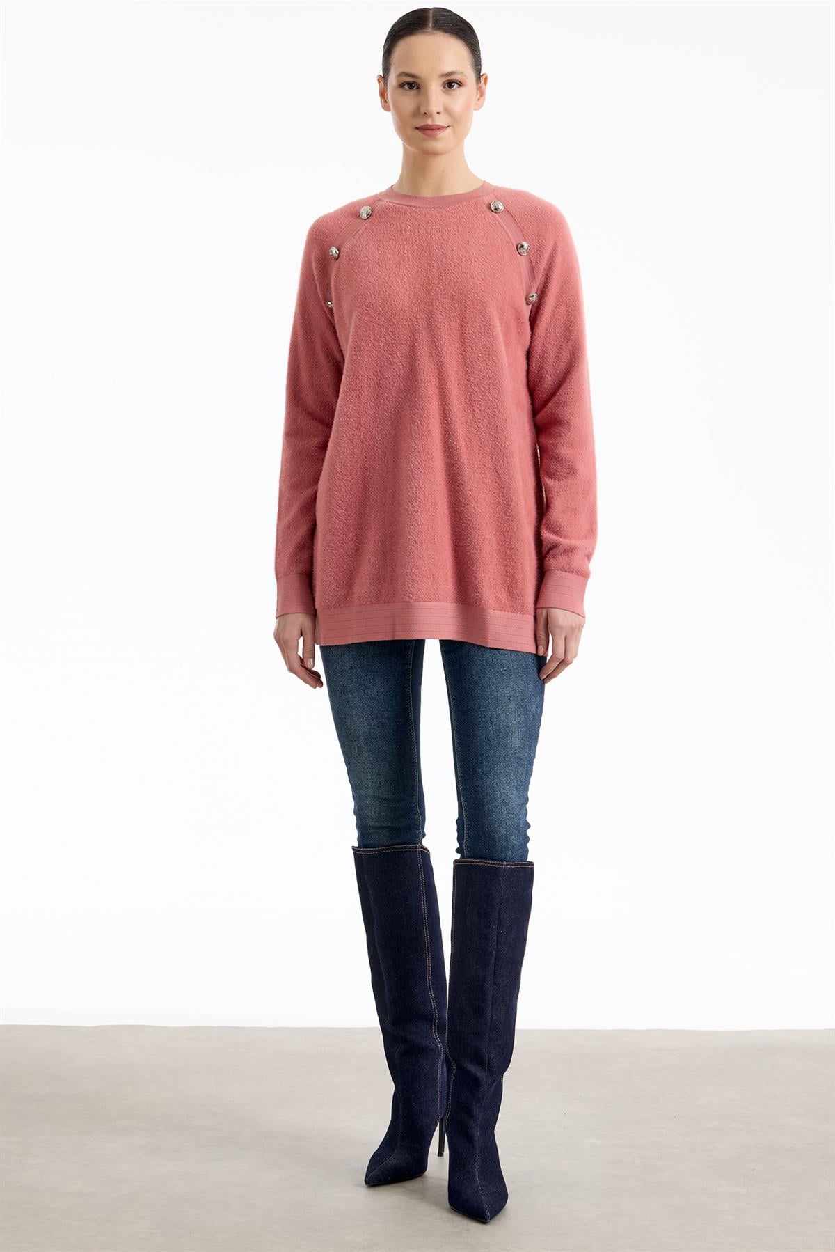 Reglan Kollu Düğme Detaylı Mink Tunik PEMBE