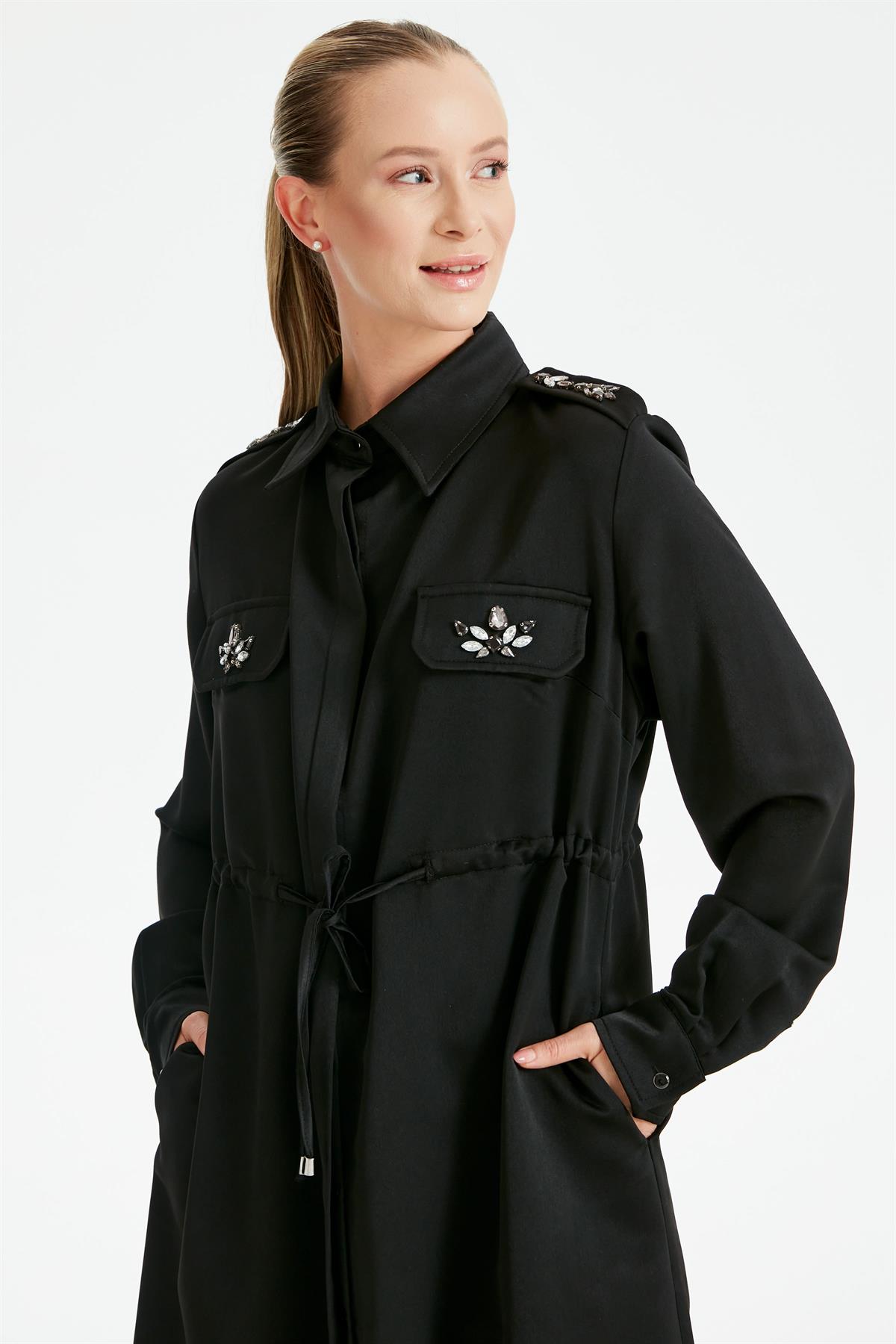 Renkli Taş İşlemeli Dokuma Takım SİYAH