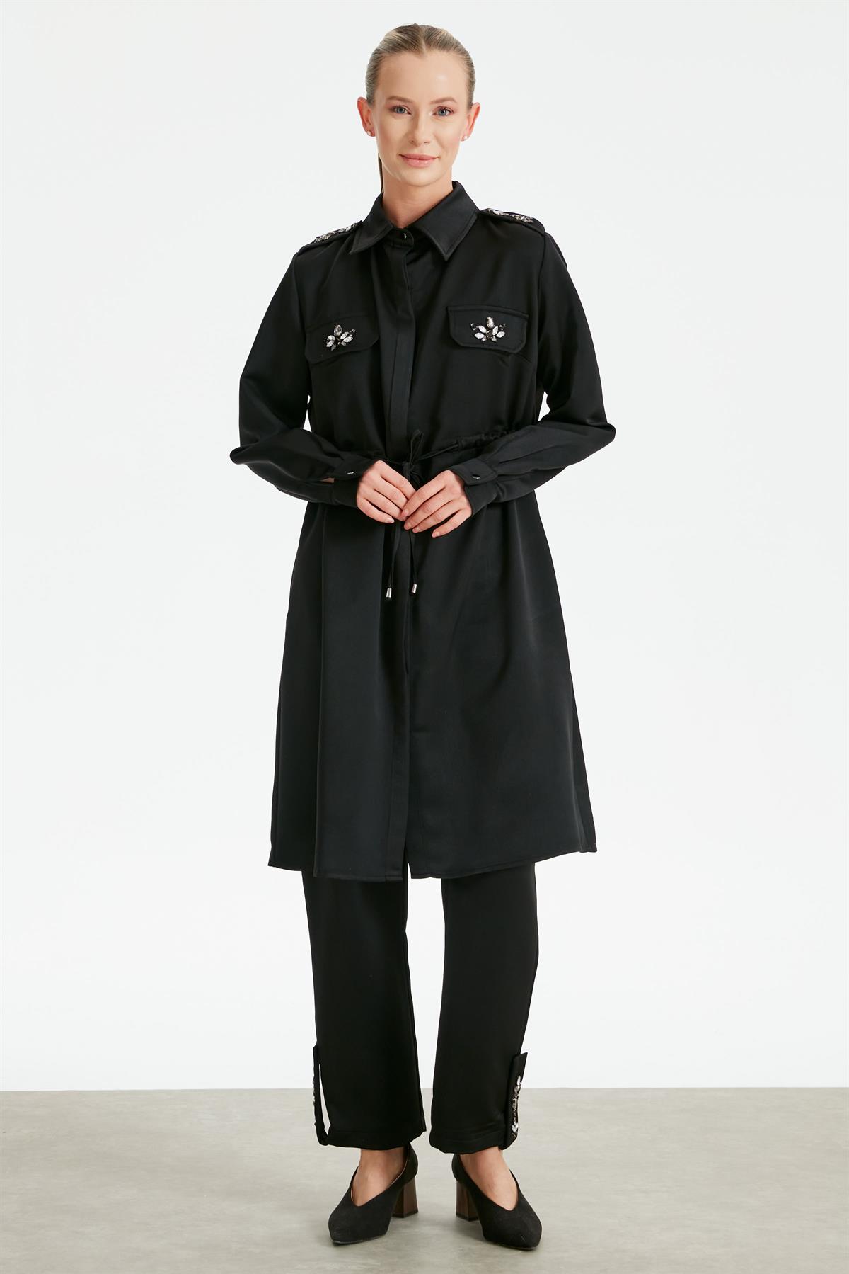 Renkli Taş İşlemeli Dokuma Takım SİYAH