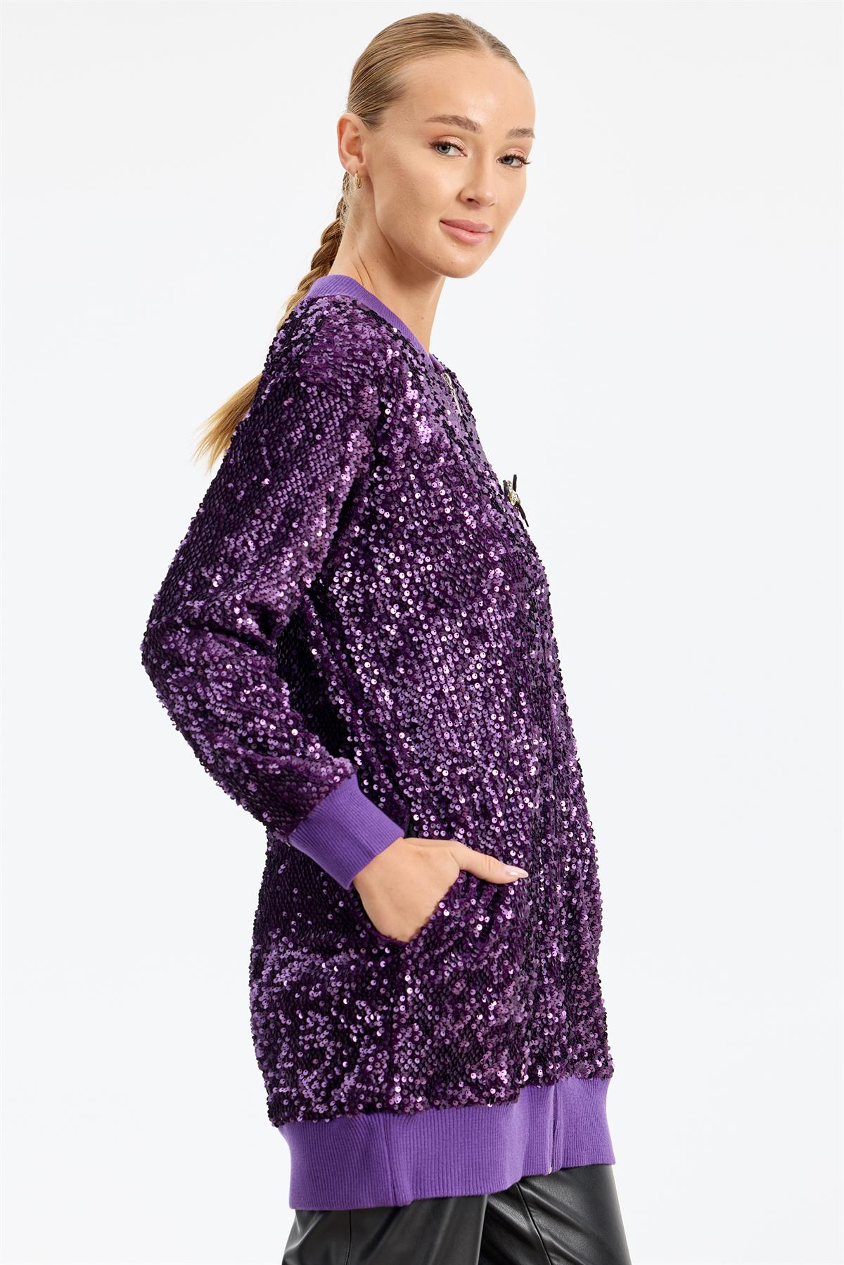 RİBANA DETAYLI PULLU BOMBER CEKET MOR