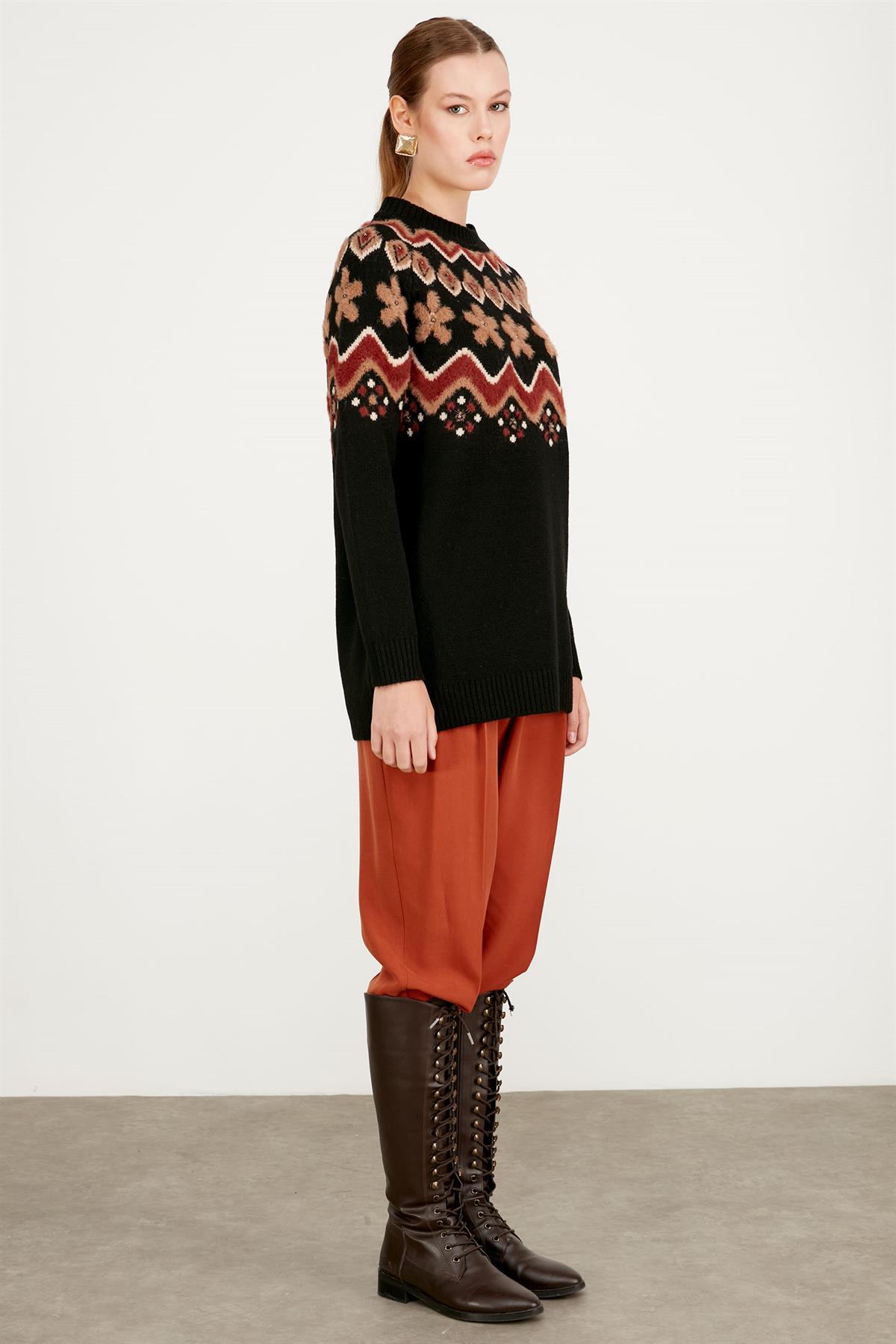 ROBASI DESEN DETAYLI İŞLEMELİ TRİKO TUNİK SİYAH