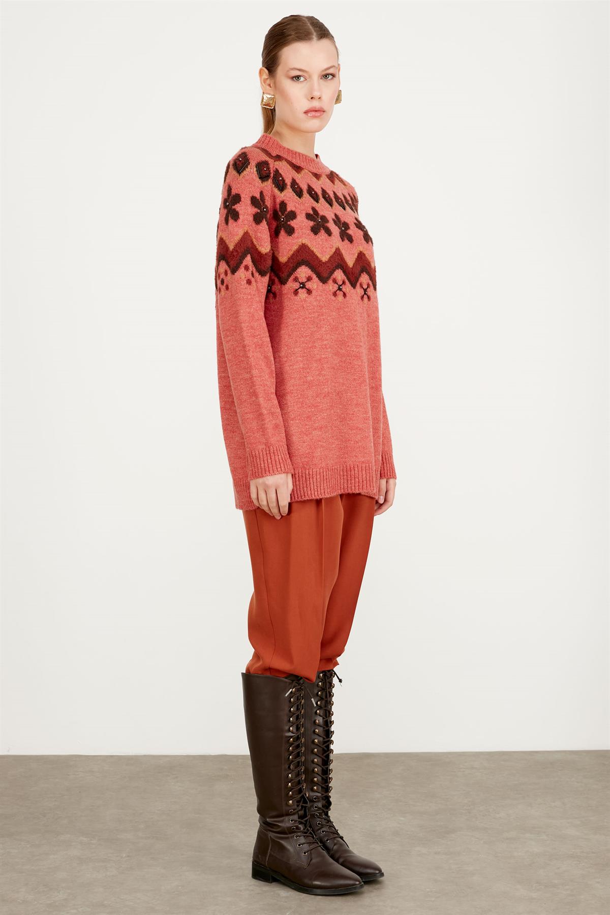 ROBASI DESEN DETAYLI İŞLEMELİ TRİKO TUNİK GÜL KURUSU