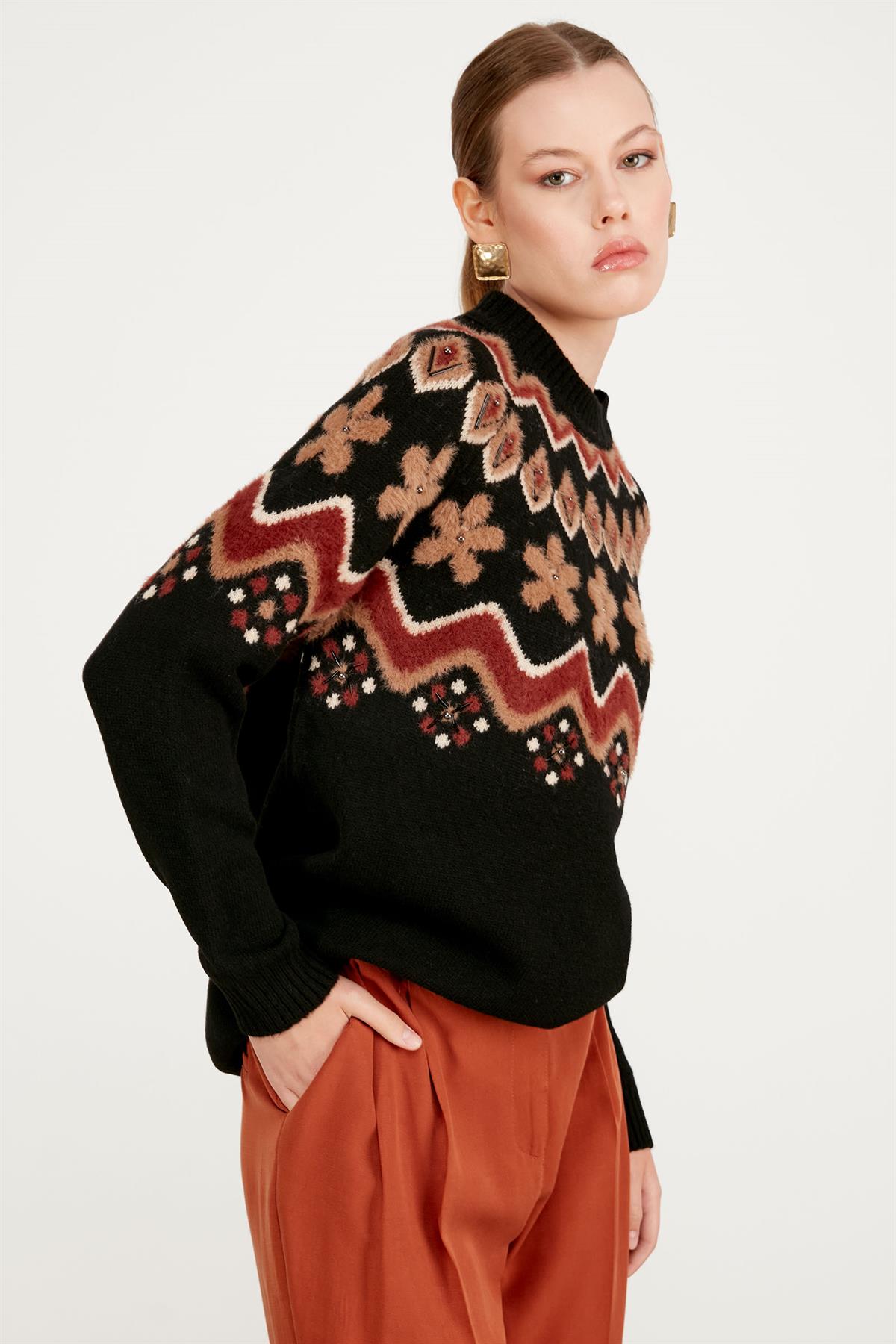 ROBASI DESEN DETAYLI İŞLEMELİ TRİKO TUNİK SİYAH