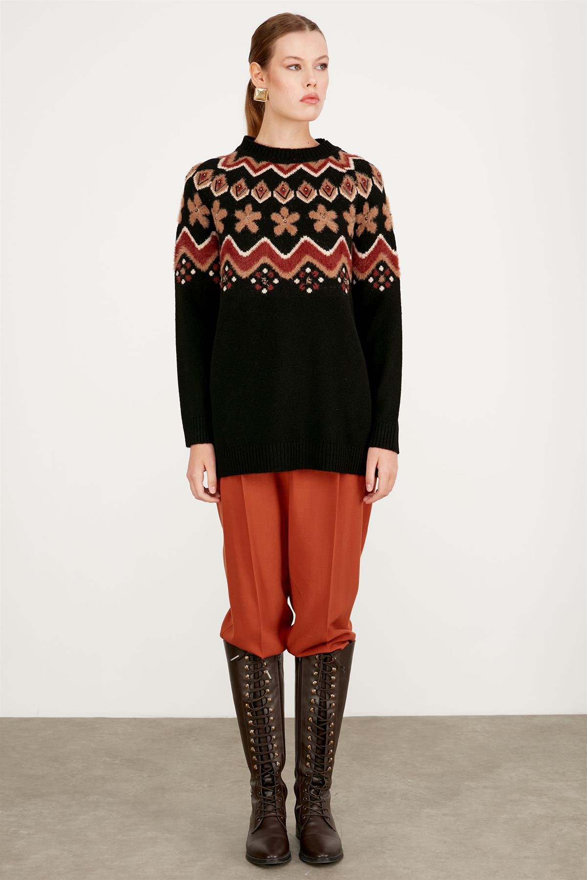 ROBASI DESEN DETAYLI İŞLEMELİ TRİKO TUNİK SİYAH