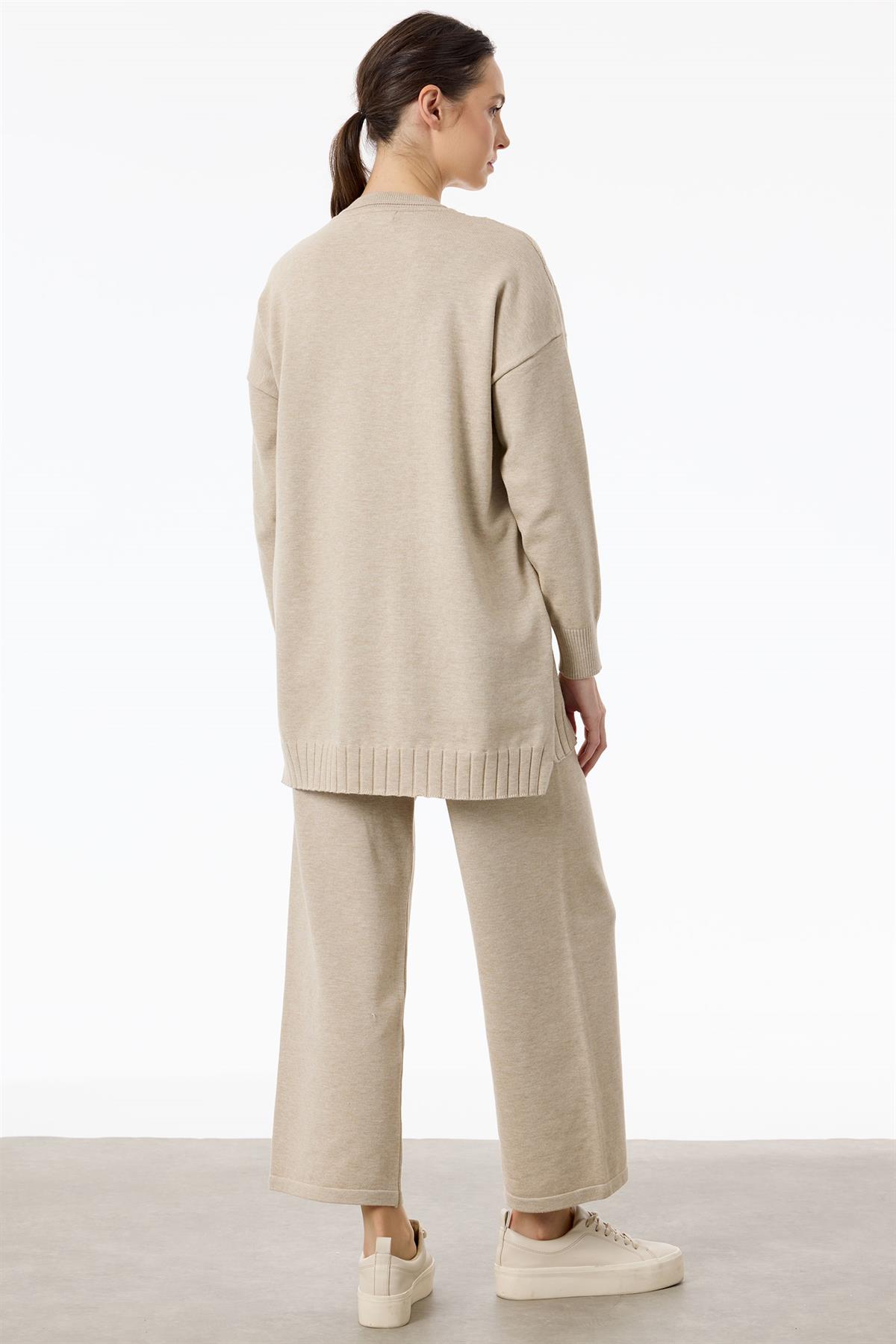 Saç Örgüsü Üzerine Taş Baskılı Pantolonlu Triko Takım HAKİ