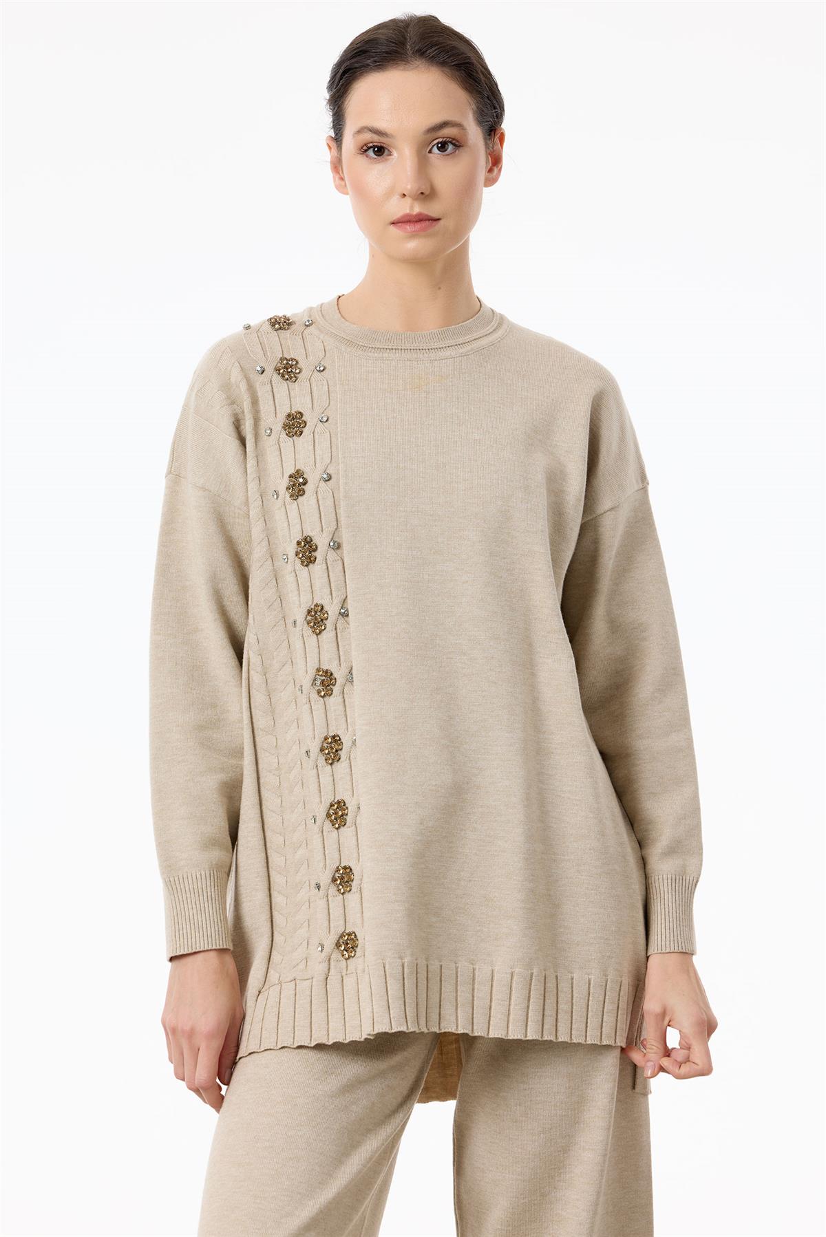 Saç Örgüsü Üzerine Taş Baskılı Pantolonlu Triko Takım HAKİ