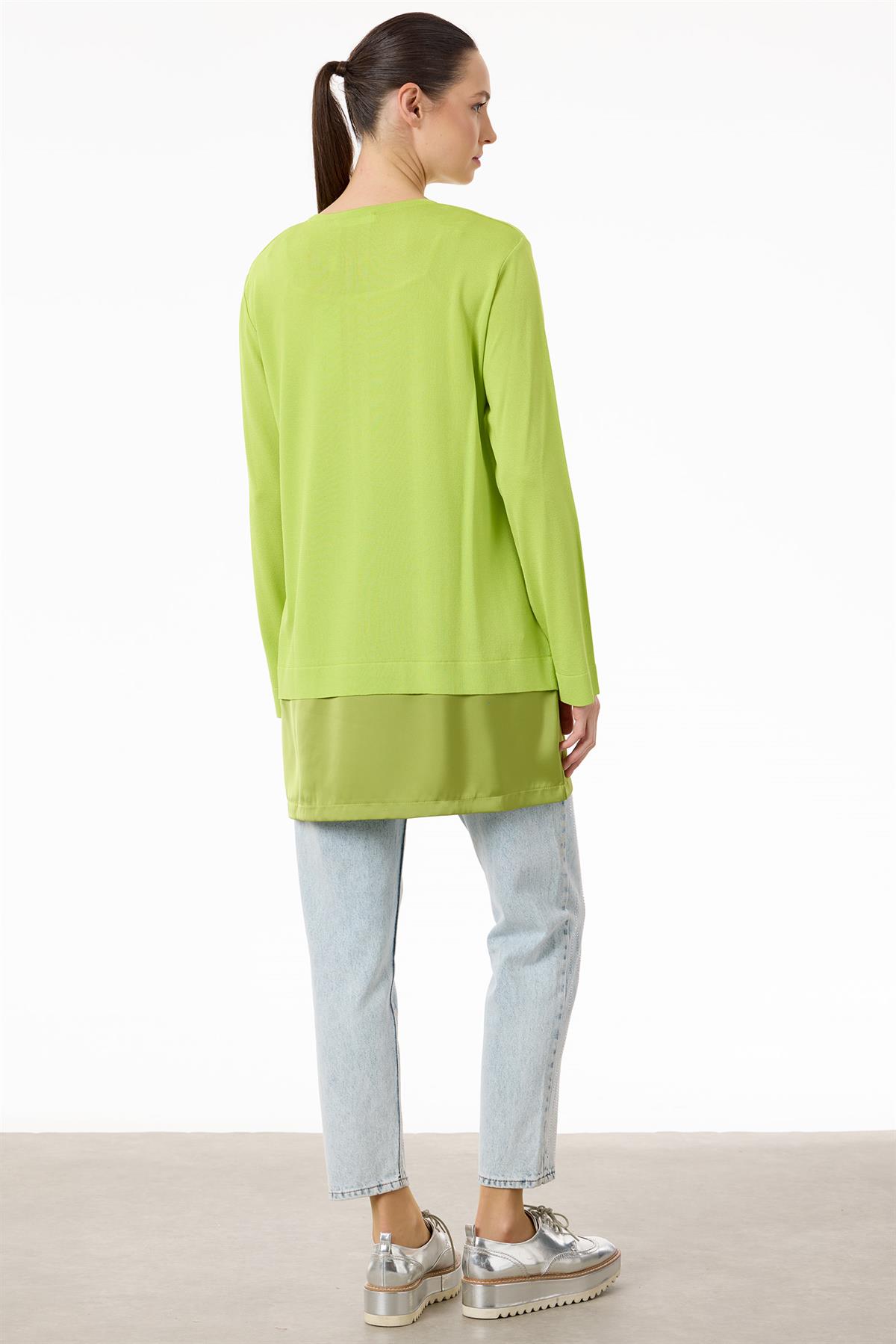 Saten Kumaş Detaylı Triko  Tunik NEON SARI-36