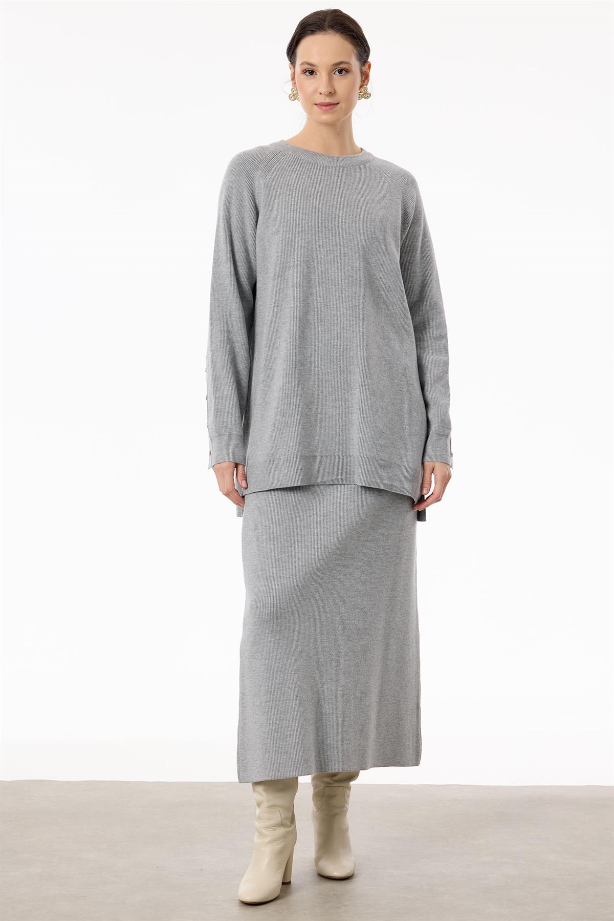 Selanik Örgülü Kolları Düğmeli Takım GRİ