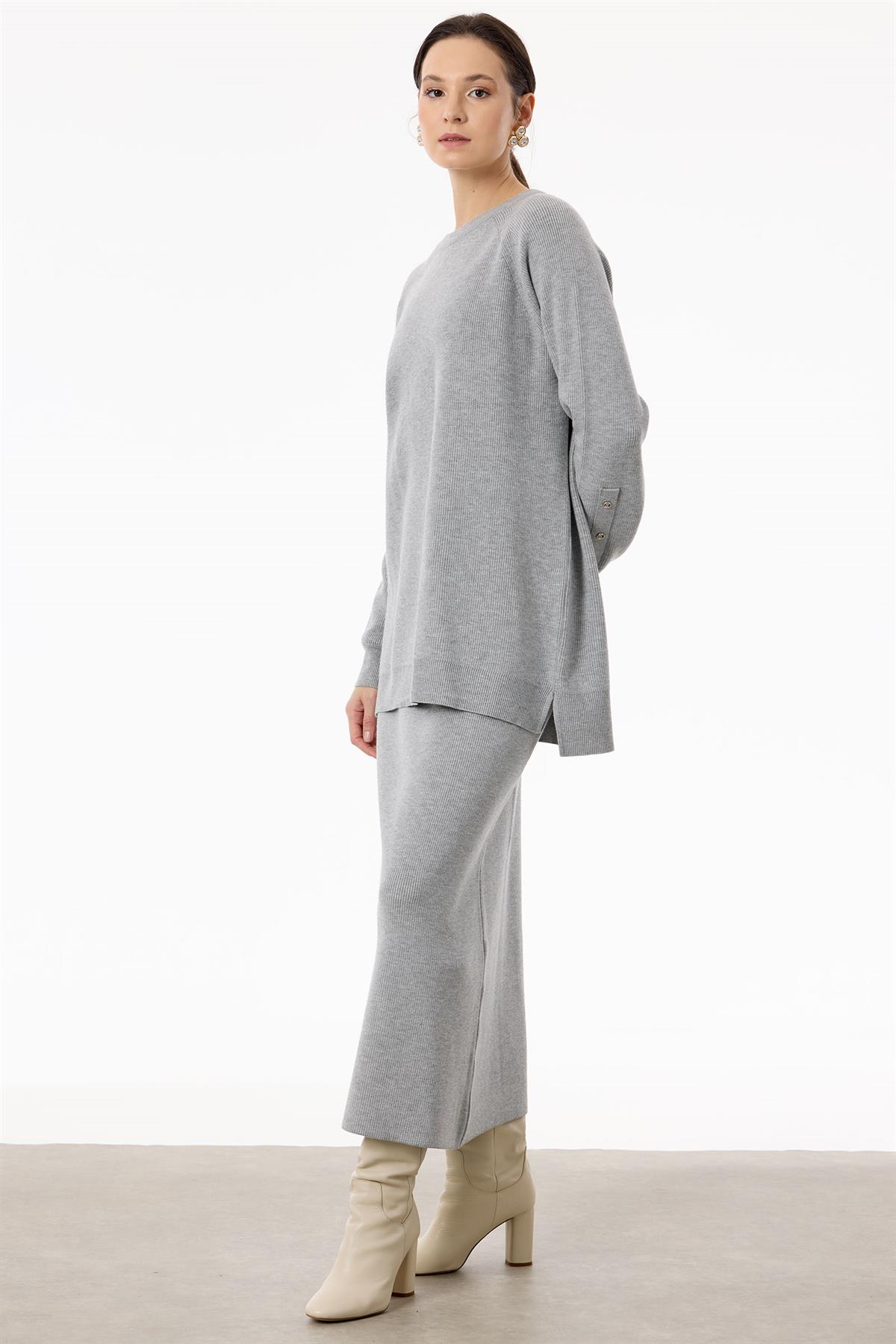Selanik Örgülü Kolları Düğmeli Takım GRİ