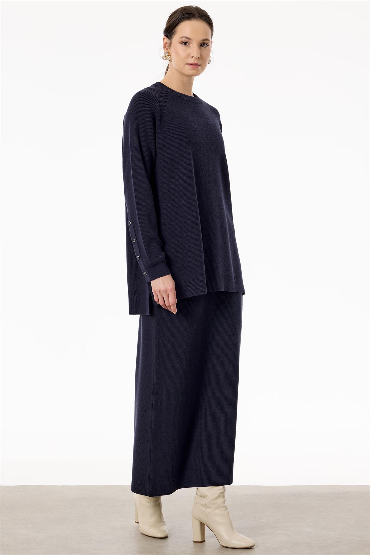 Selanik Örgülü Kolları Düğmeli Takım LACİVERT