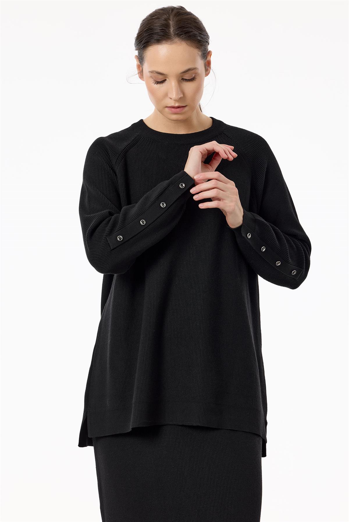 Selanik Örgülü Kolları Düğmeli Takım SİYAH