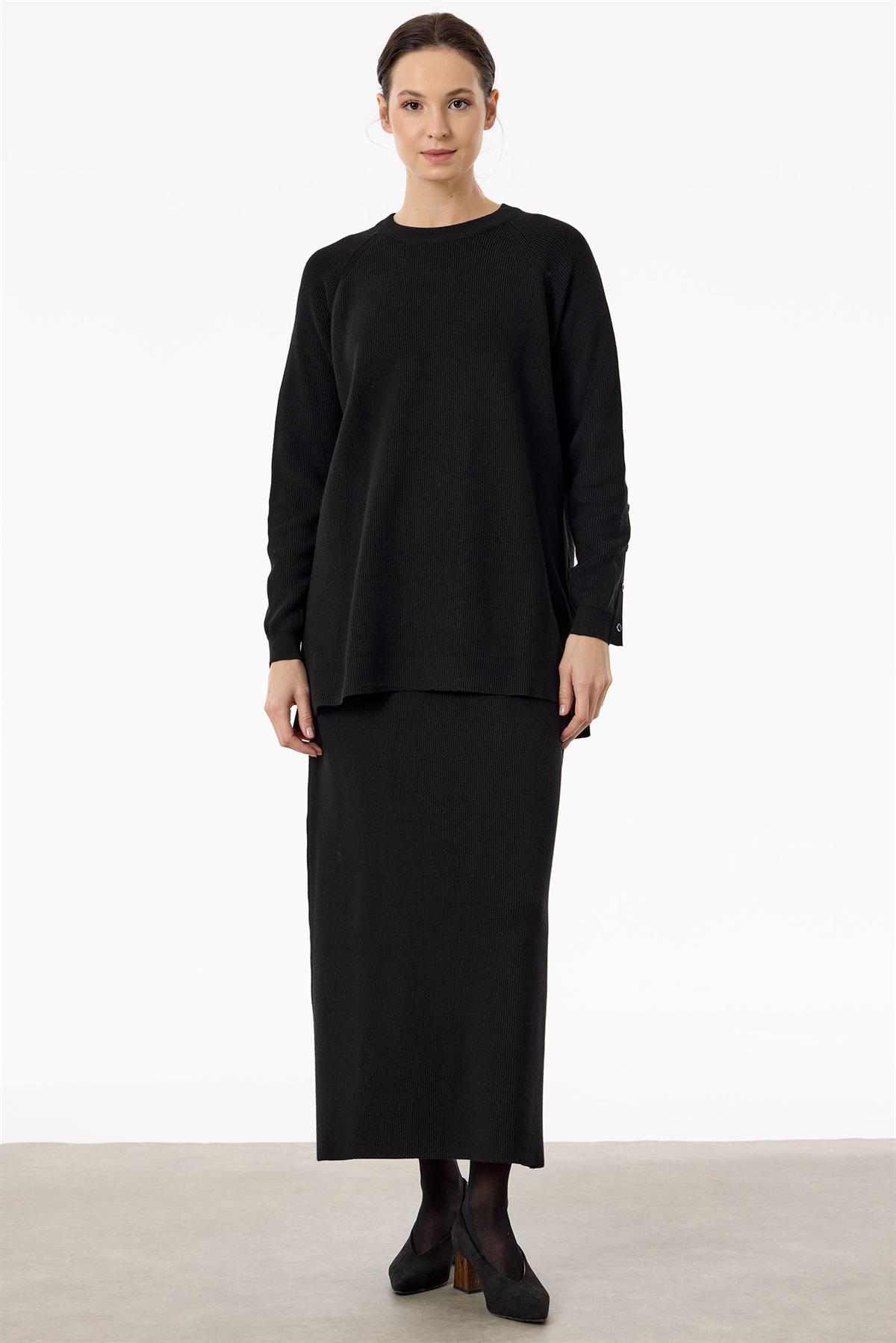 Selanik Örgülü Kolları Düğmeli Takım SİYAH