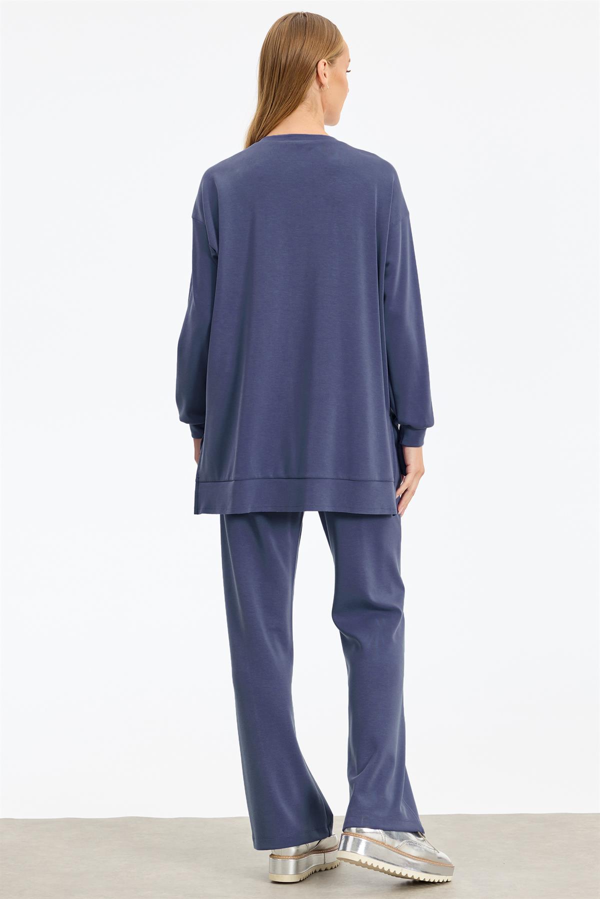 Şerit Kristal Taş Detaylı Pantolonlu Takım İNDİGO