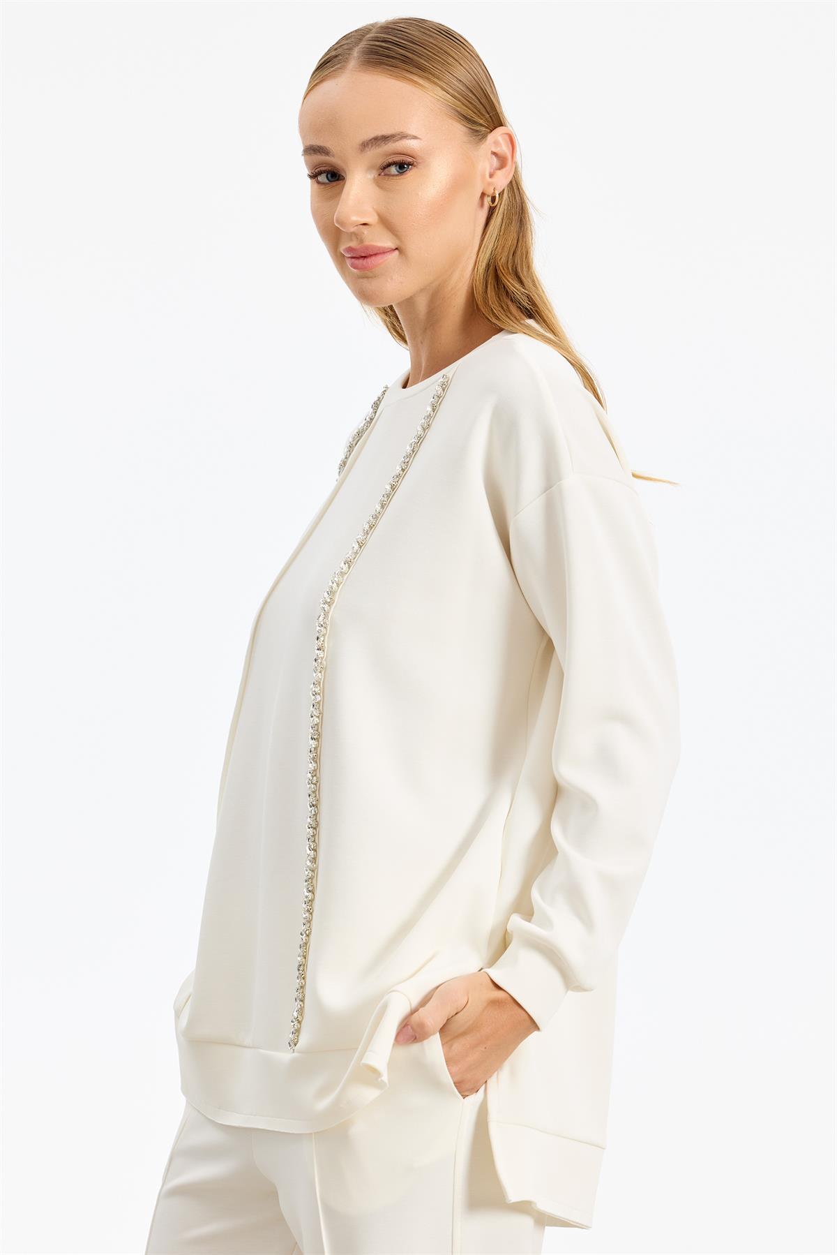 Şerit Kristal Taş Detaylı Pantolonlu Takım EKRU