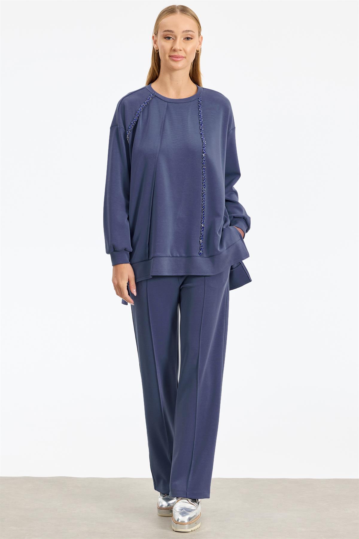 Şerit Kristal Taş Detaylı Pantolonlu Takım İNDİGO