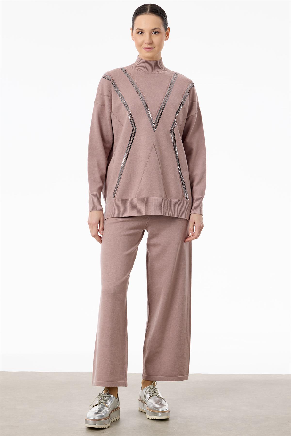 Şerit Payet Detaylı Pantolonlu Triko takım HAKİ