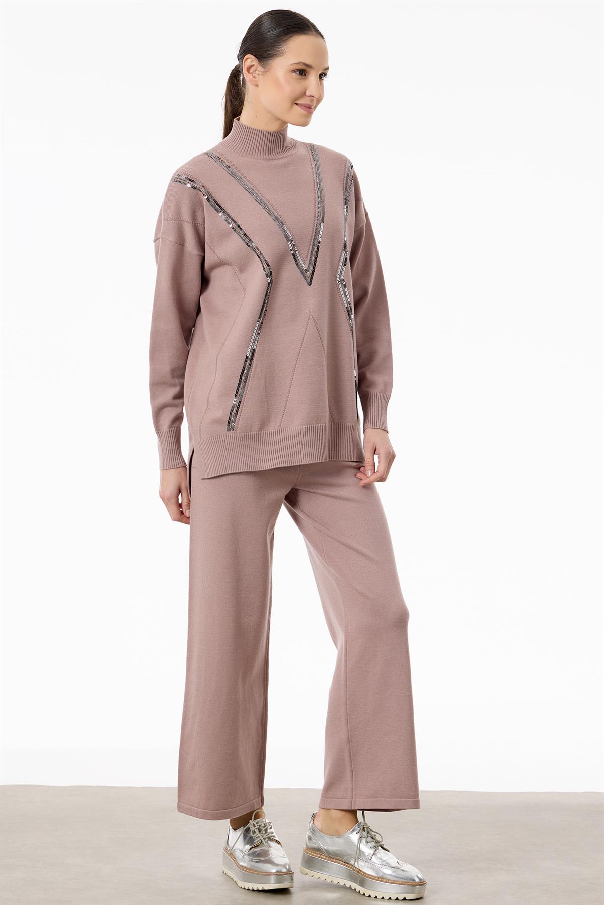Şerit Payet Detaylı Pantolonlu Triko takım HAKİ