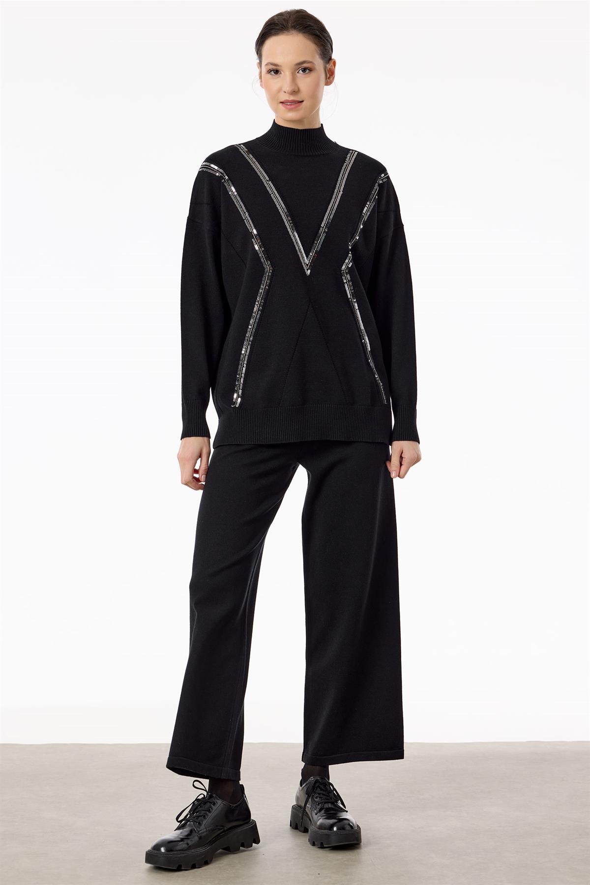 Şerit Payet Detaylı Pantolonlu Triko takım SİYAH