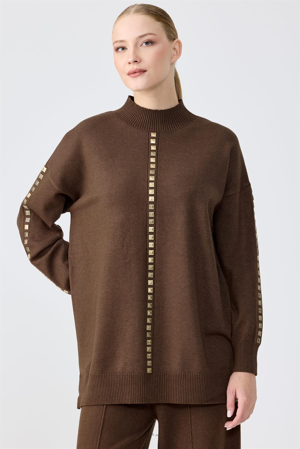 Şerit Taş İşlemeli Tunik Pantolon Takım KAHVE