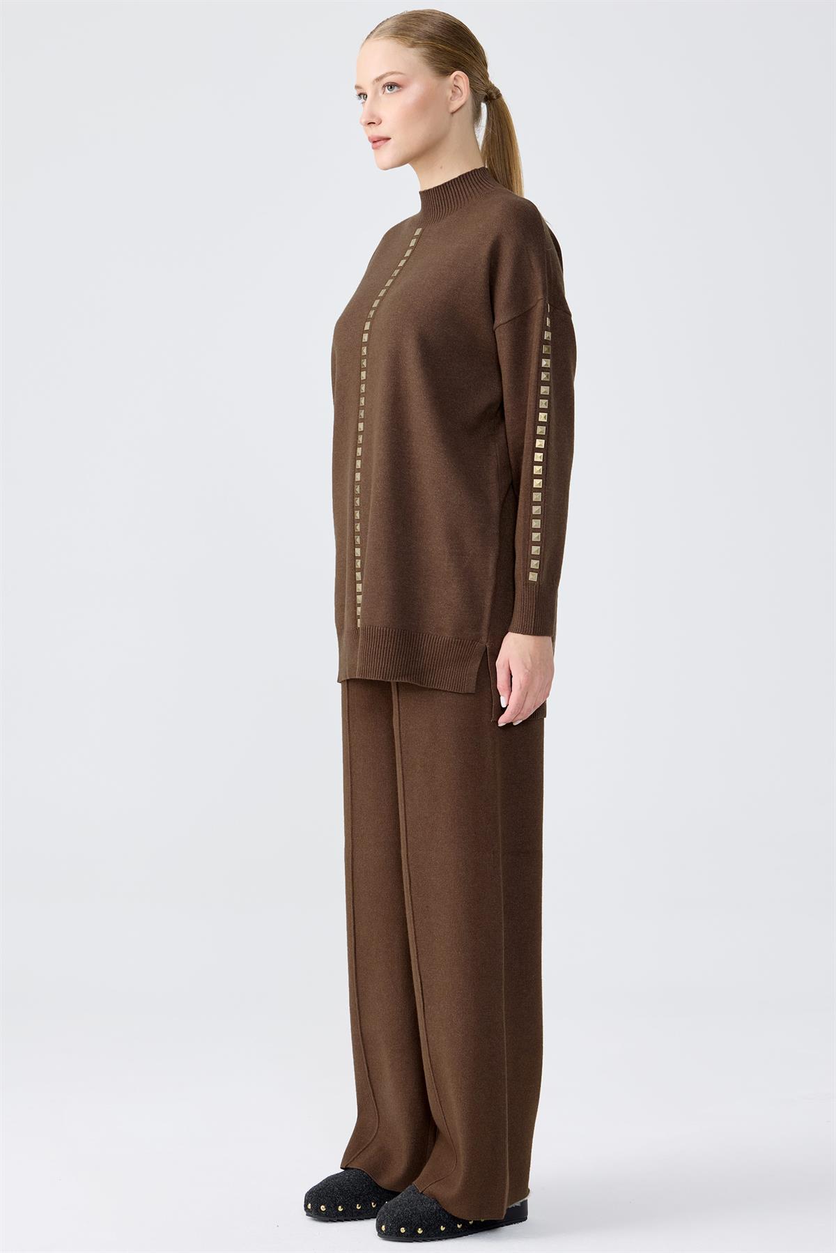 Şerit Taş İşlemeli Tunik Pantolon Takım KAHVE