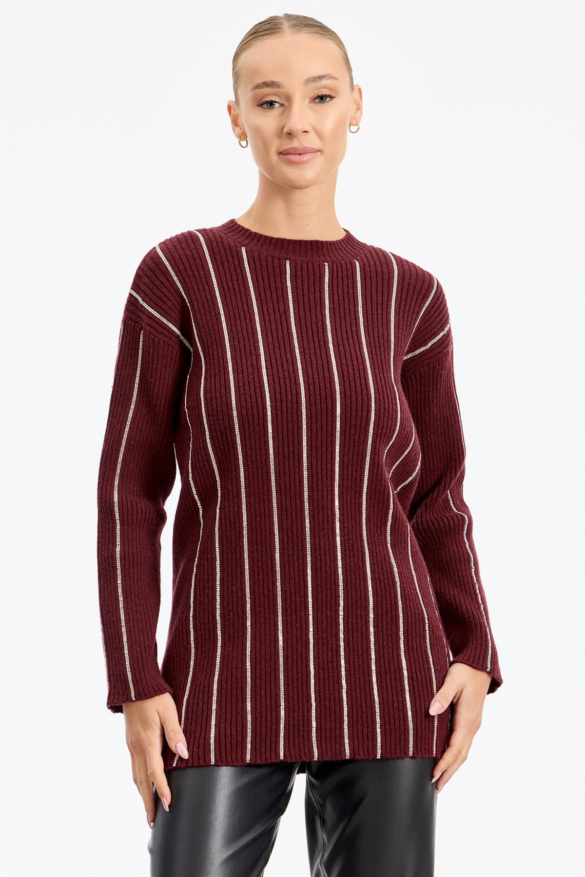 Şerit Taş Yapıştırmalı Fitilli Tunik BORDO