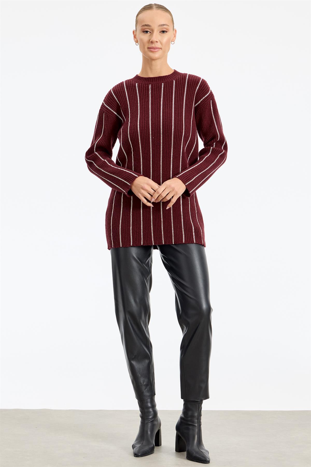 Şerit Taş Yapıştırmalı Fitilli Tunik BORDO