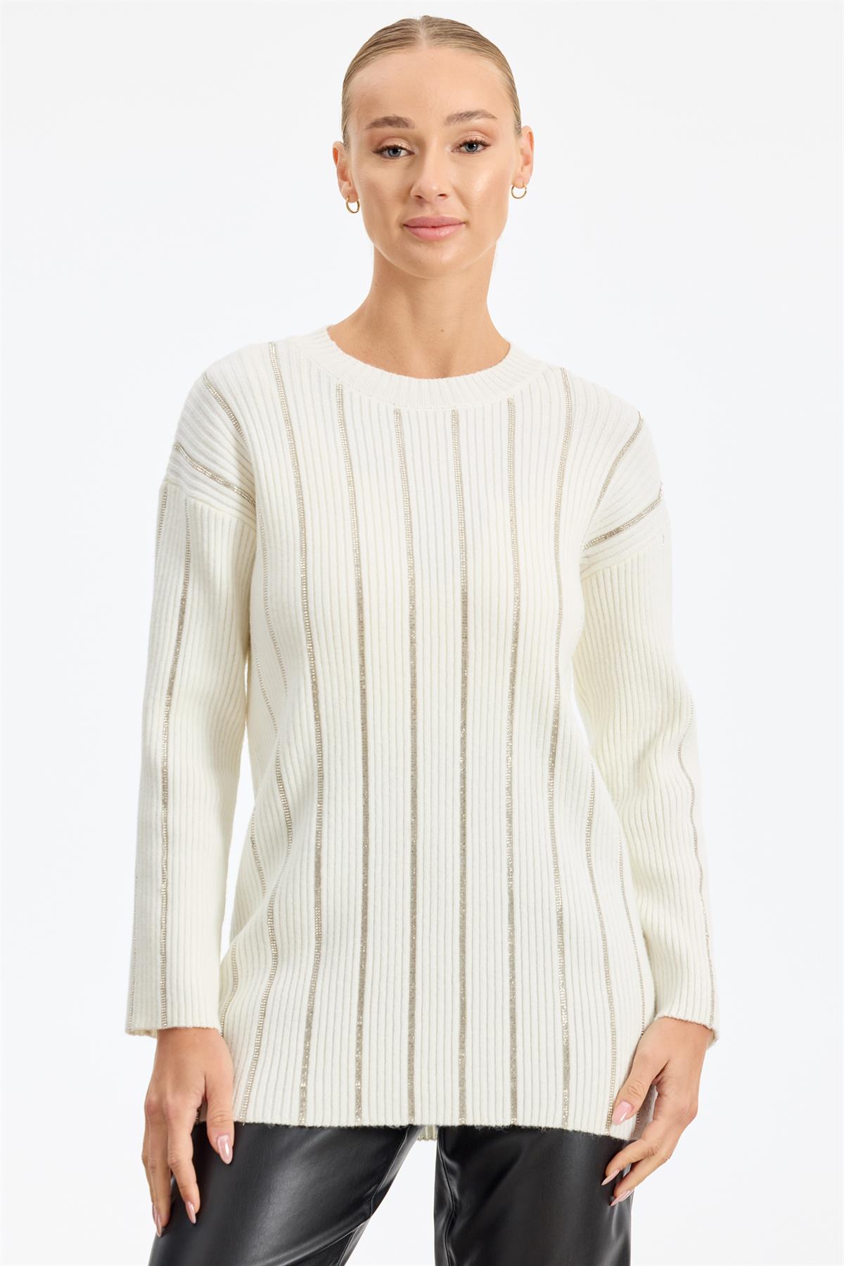 Şerit Taş Yapıştırmalı Fitilli Tunik EKRU
