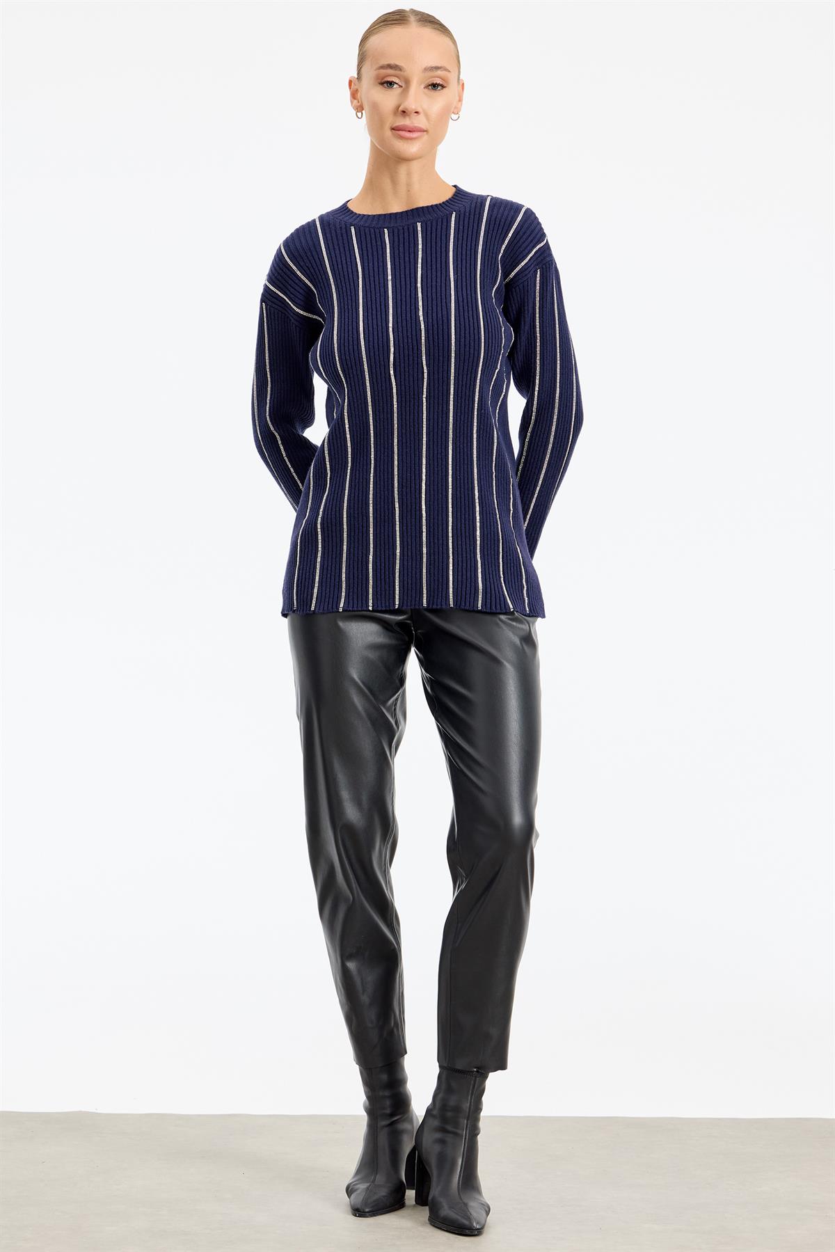 Şerit Taş Yapıştırmalı Fitilli Tunik LACİVERT