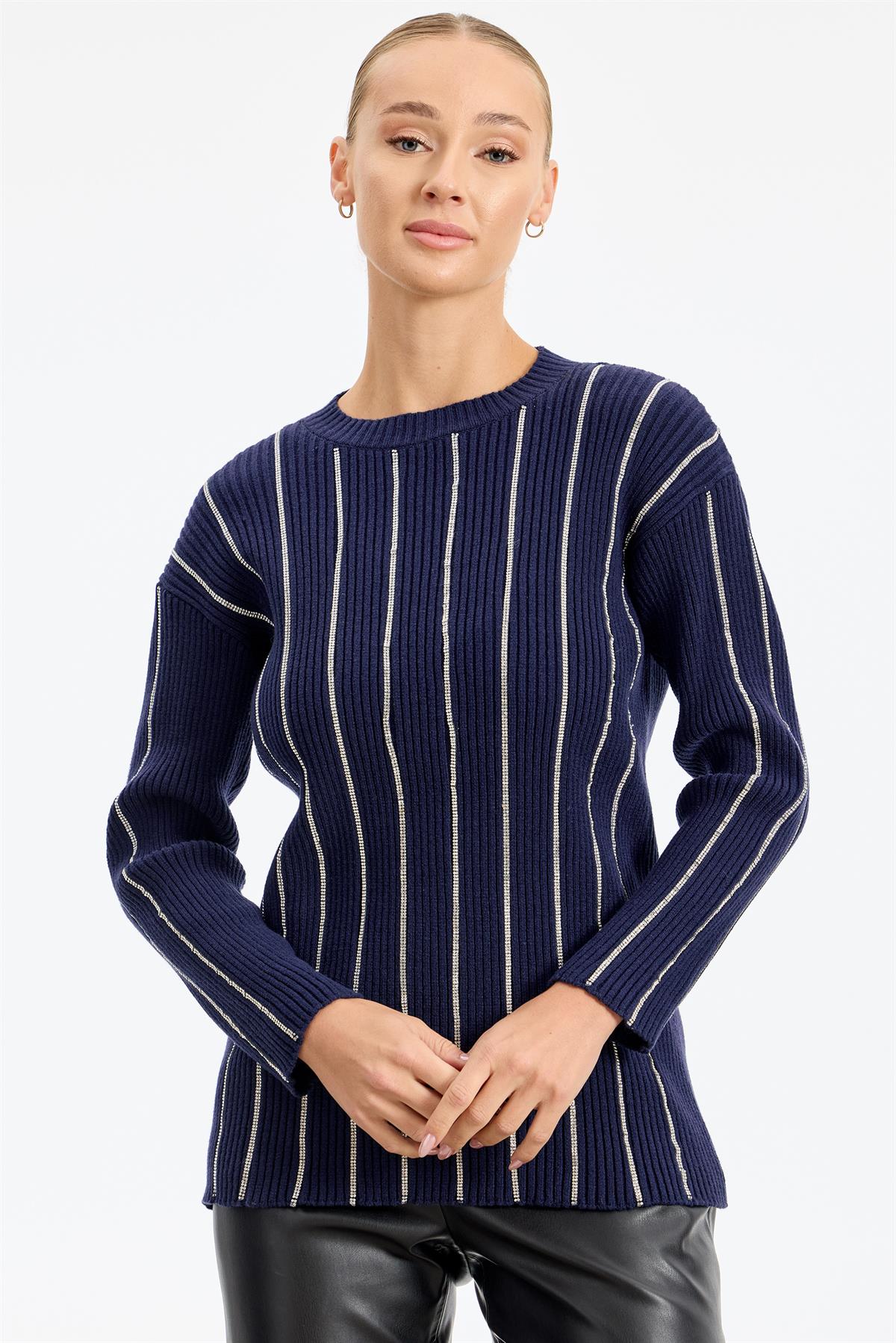 Şerit Taş Yapıştırmalı Fitilli Tunik LACİVERT