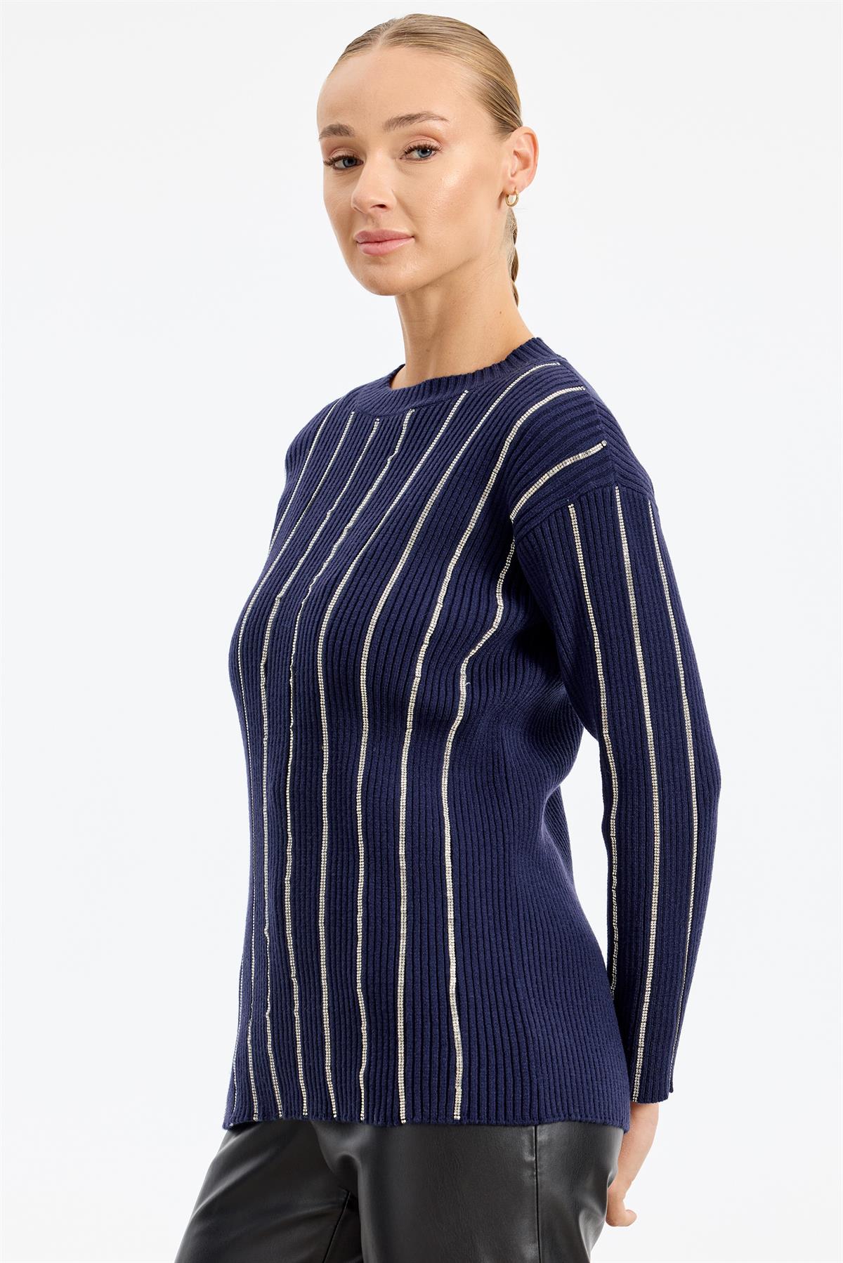 Şerit Taş Yapıştırmalı Fitilli Tunik LACİVERT