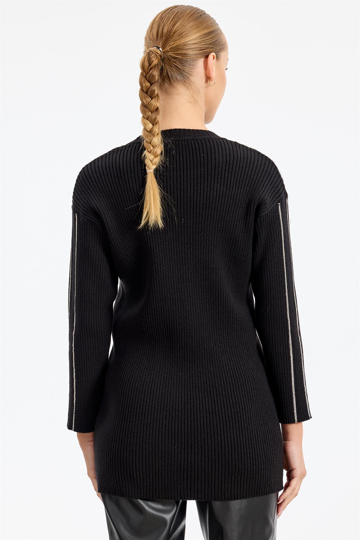 Şerit Taş Yapıştırmalı Fitilli Tunik SİYAH