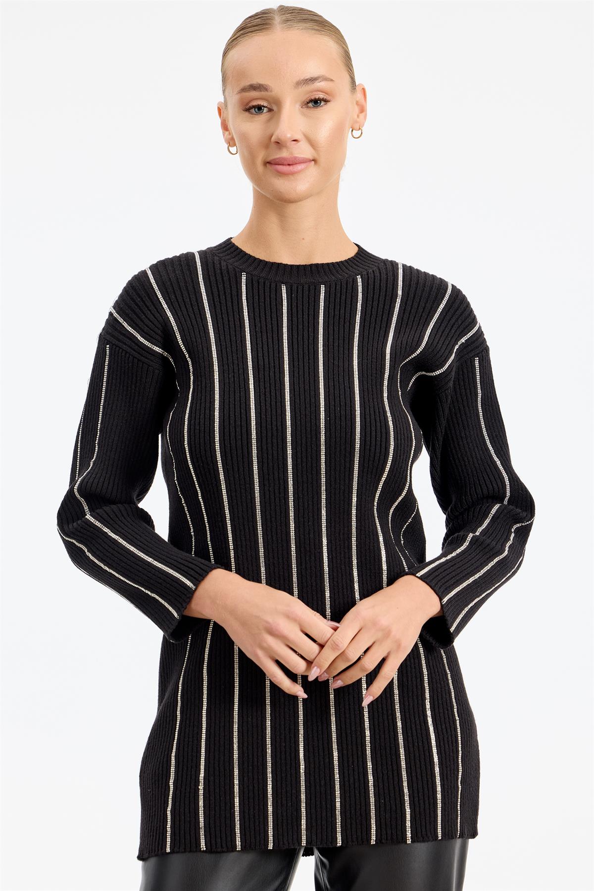 Şerit Taş Yapıştırmalı Fitilli Tunik SİYAH