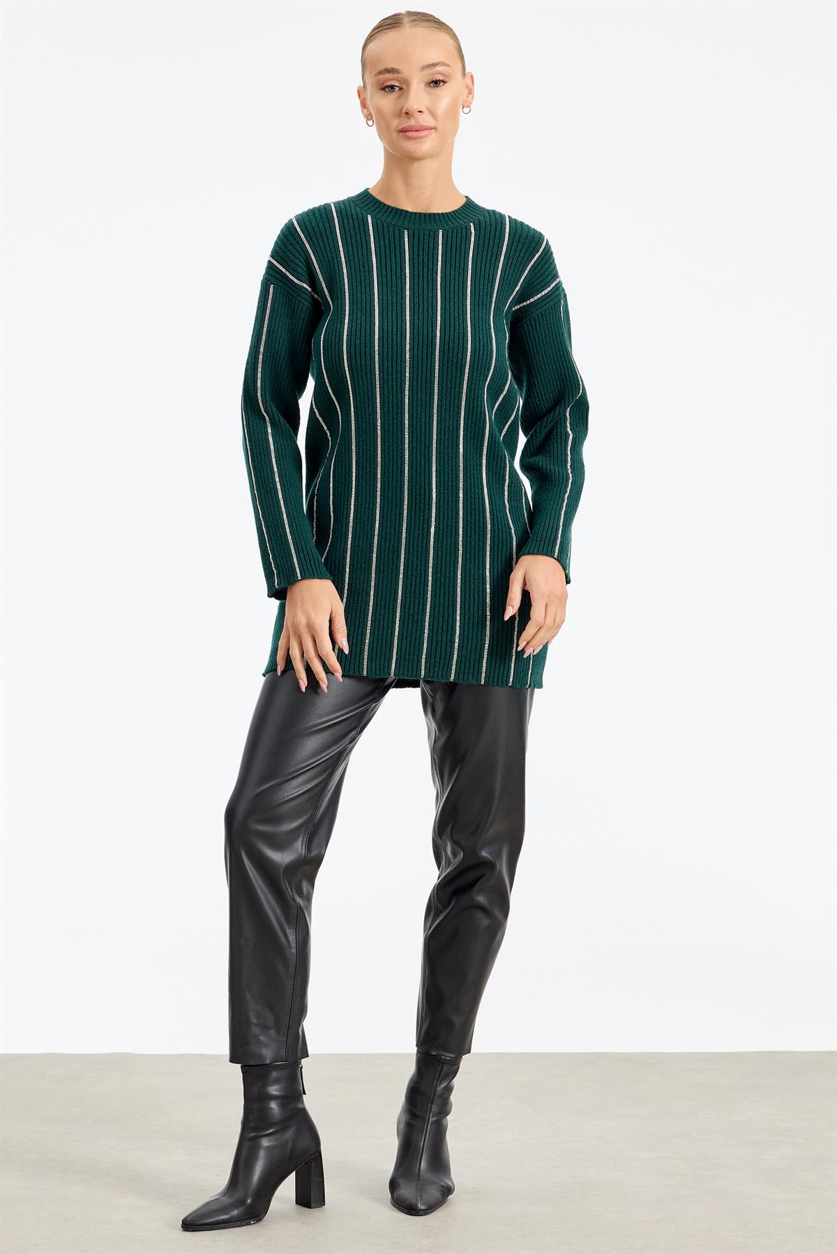 Şerit Taş Yapıştırmalı Fitilli Tunik ZÜMRÜT