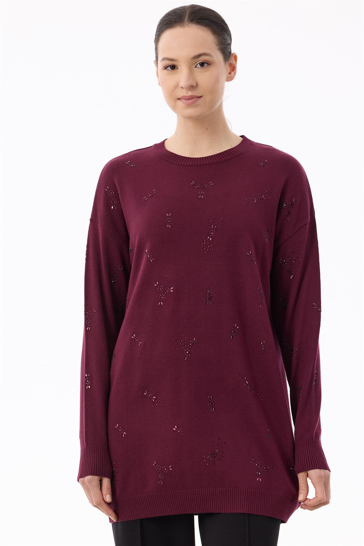Serpme Çiçek Taşlı Tunik BORDO