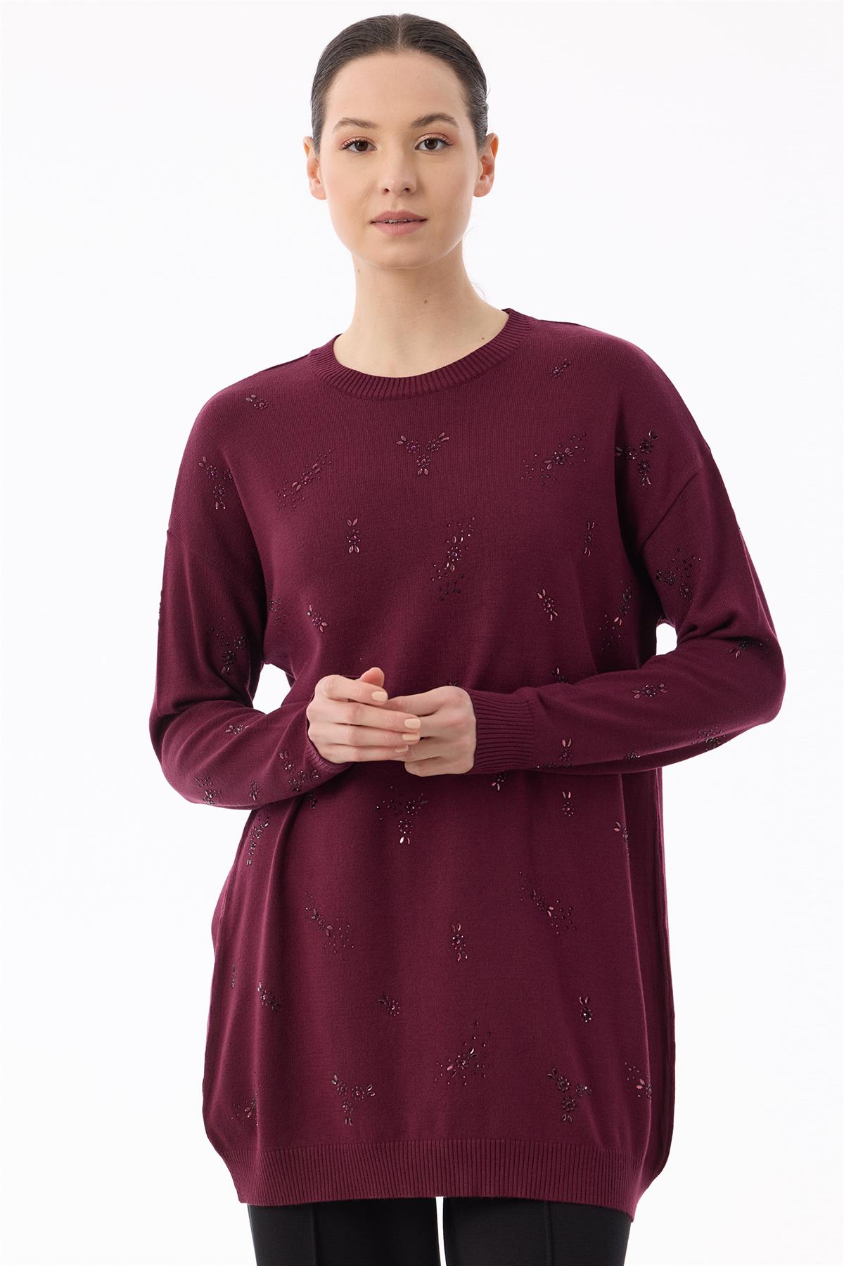 Serpme Çiçek Taşlı Tunik BORDO