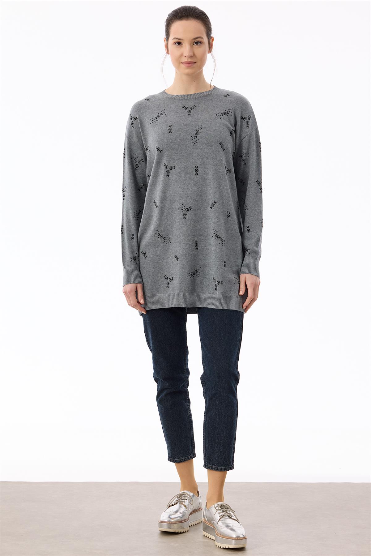 Serpme Çiçek Taşlı Tunik GRİ MELANJ