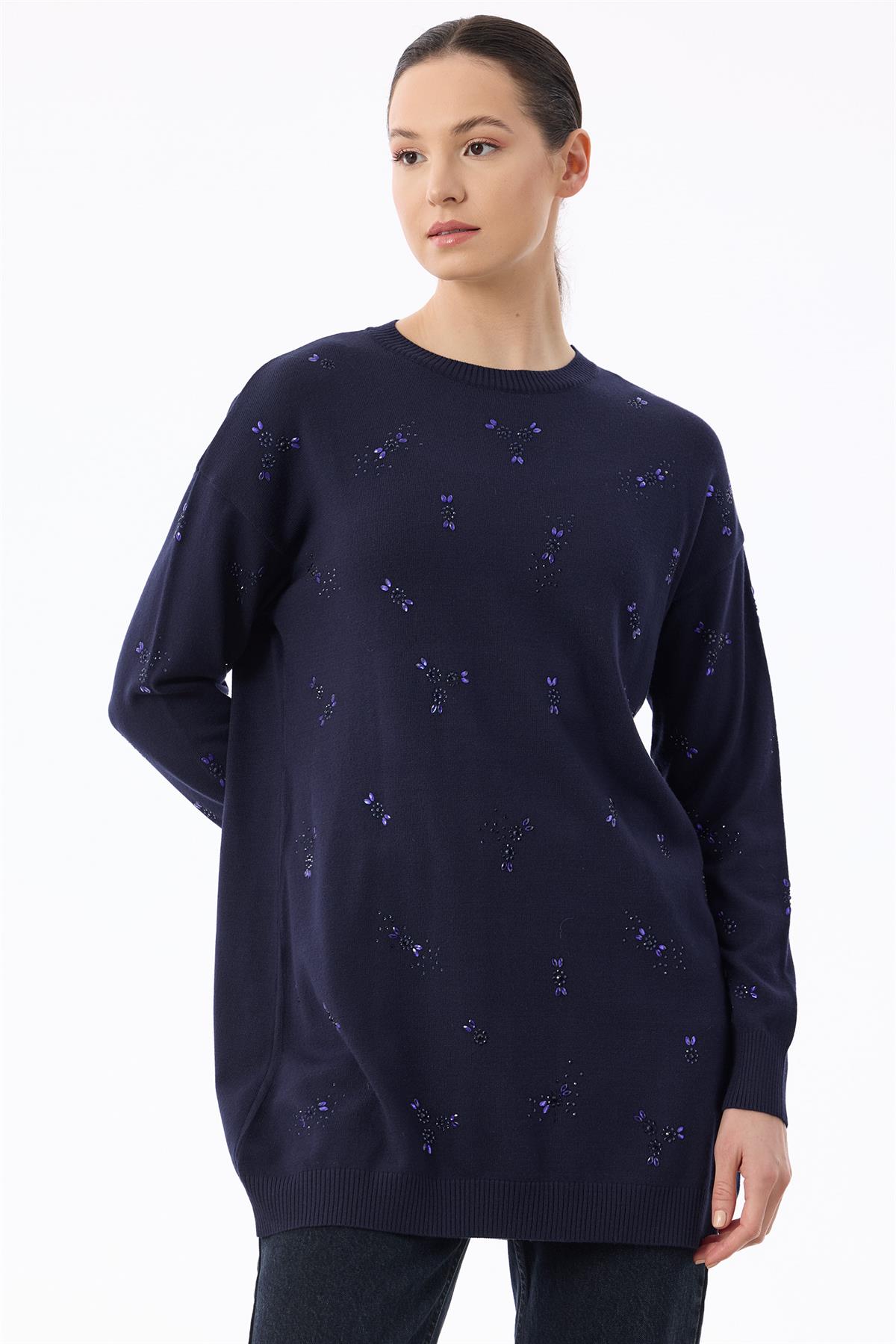 Serpme Çiçek Taşlı Tunik LACİVERT