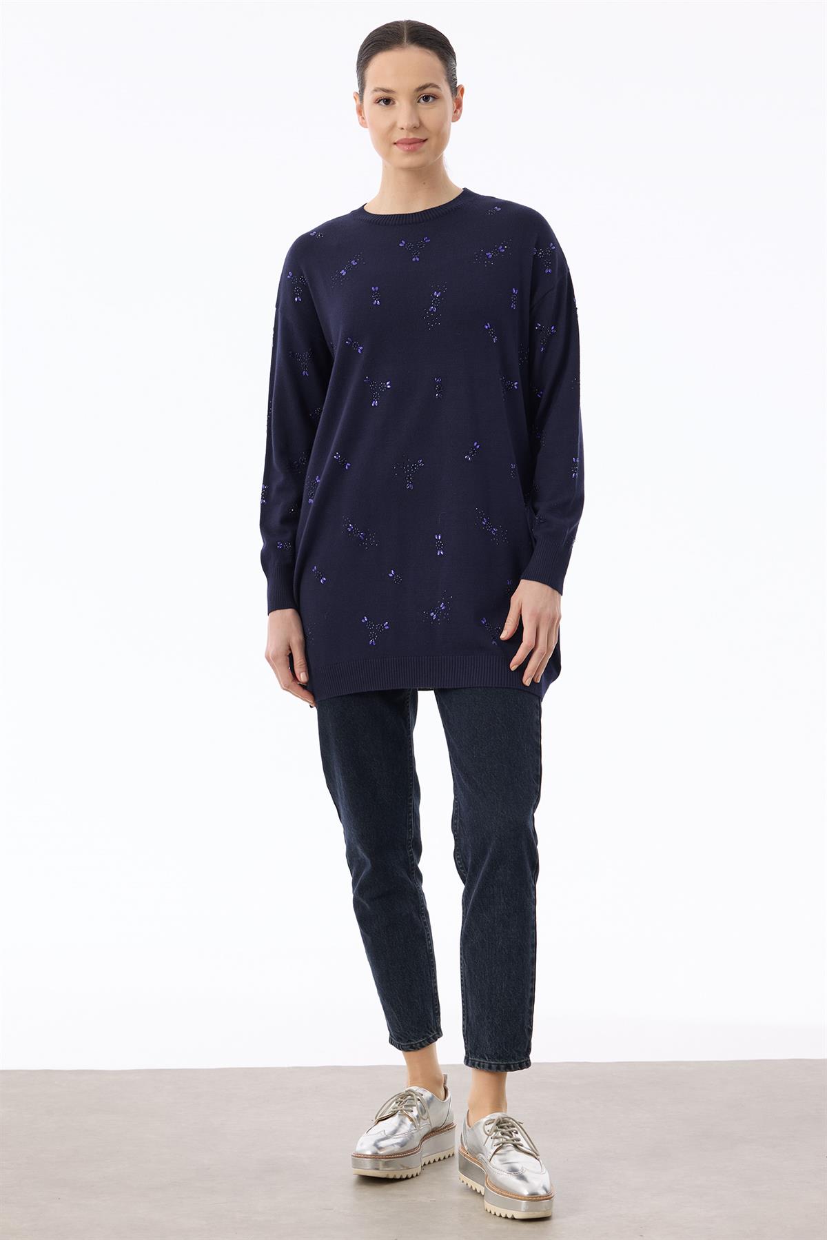 Serpme Çiçek Taşlı Tunik LACİVERT