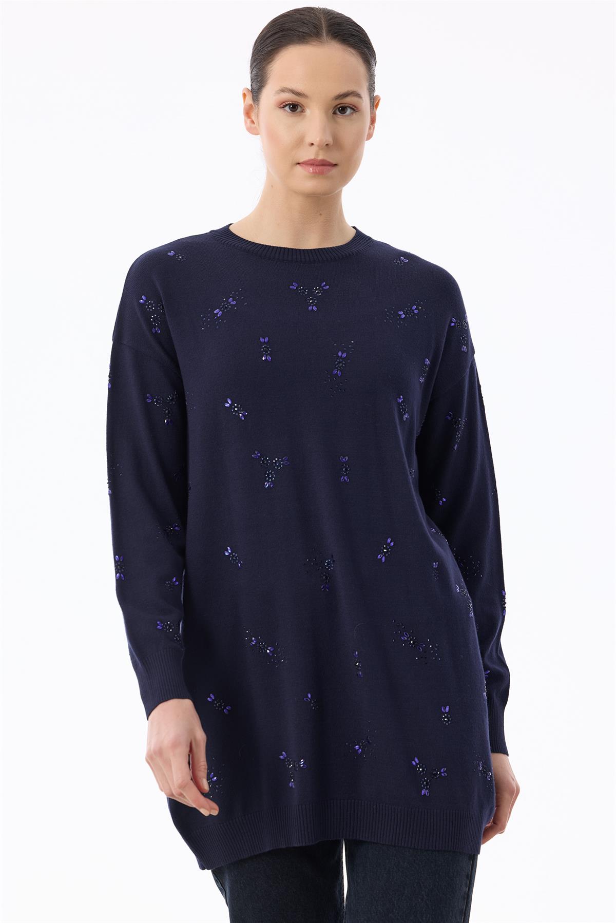 Serpme Çiçek Taşlı Tunik LACİVERT