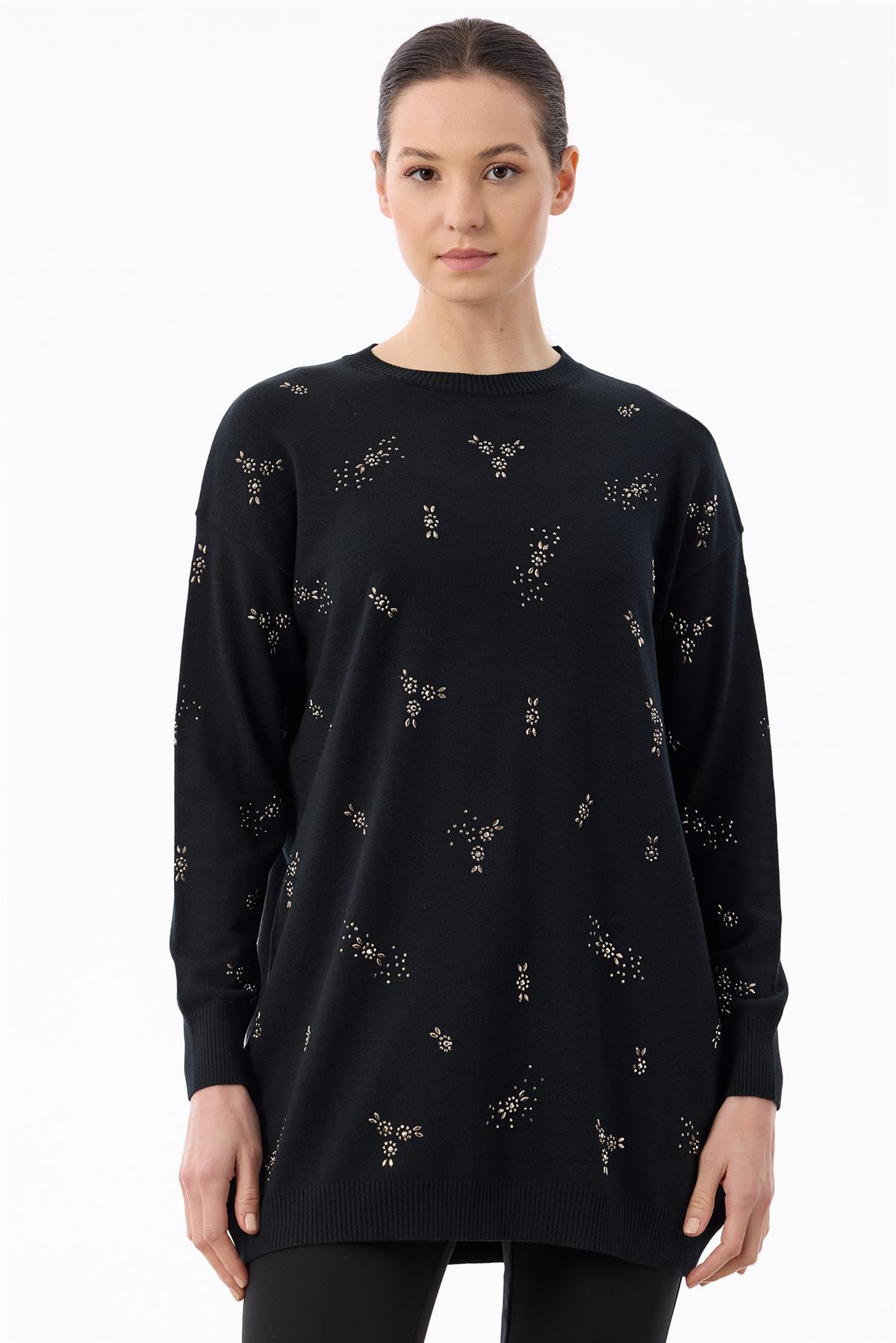 Serpme Çiçek Taşlı Tunik SİYAH