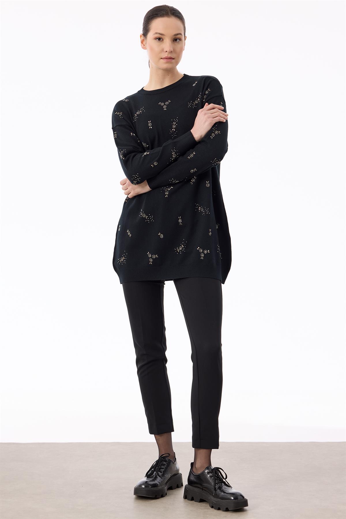 Serpme Çiçek Taşlı Tunik SİYAH