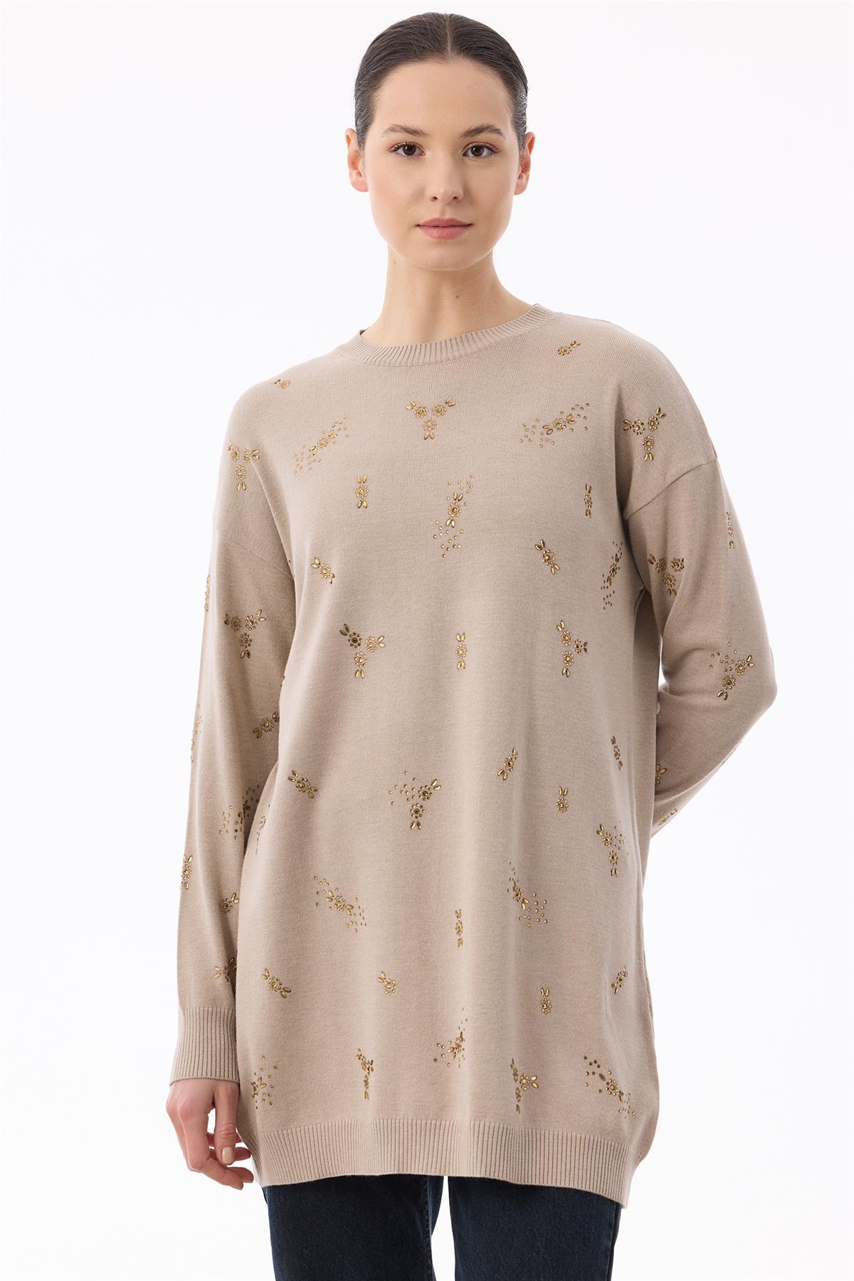 Serpme Çiçek Taşlı Tunik VİZON