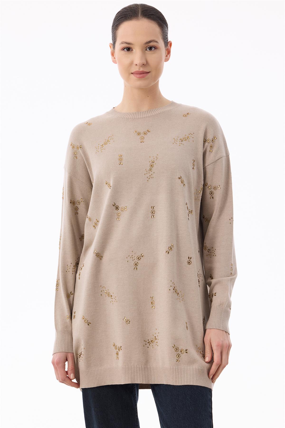 Serpme Çiçek Taşlı Tunik VİZON