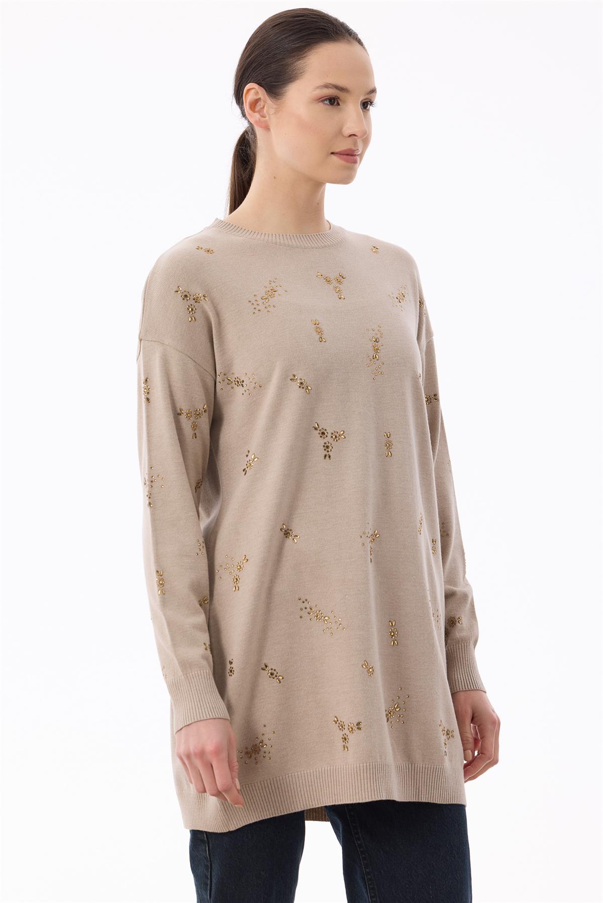 Serpme Çiçek Taşlı Tunik VİZON