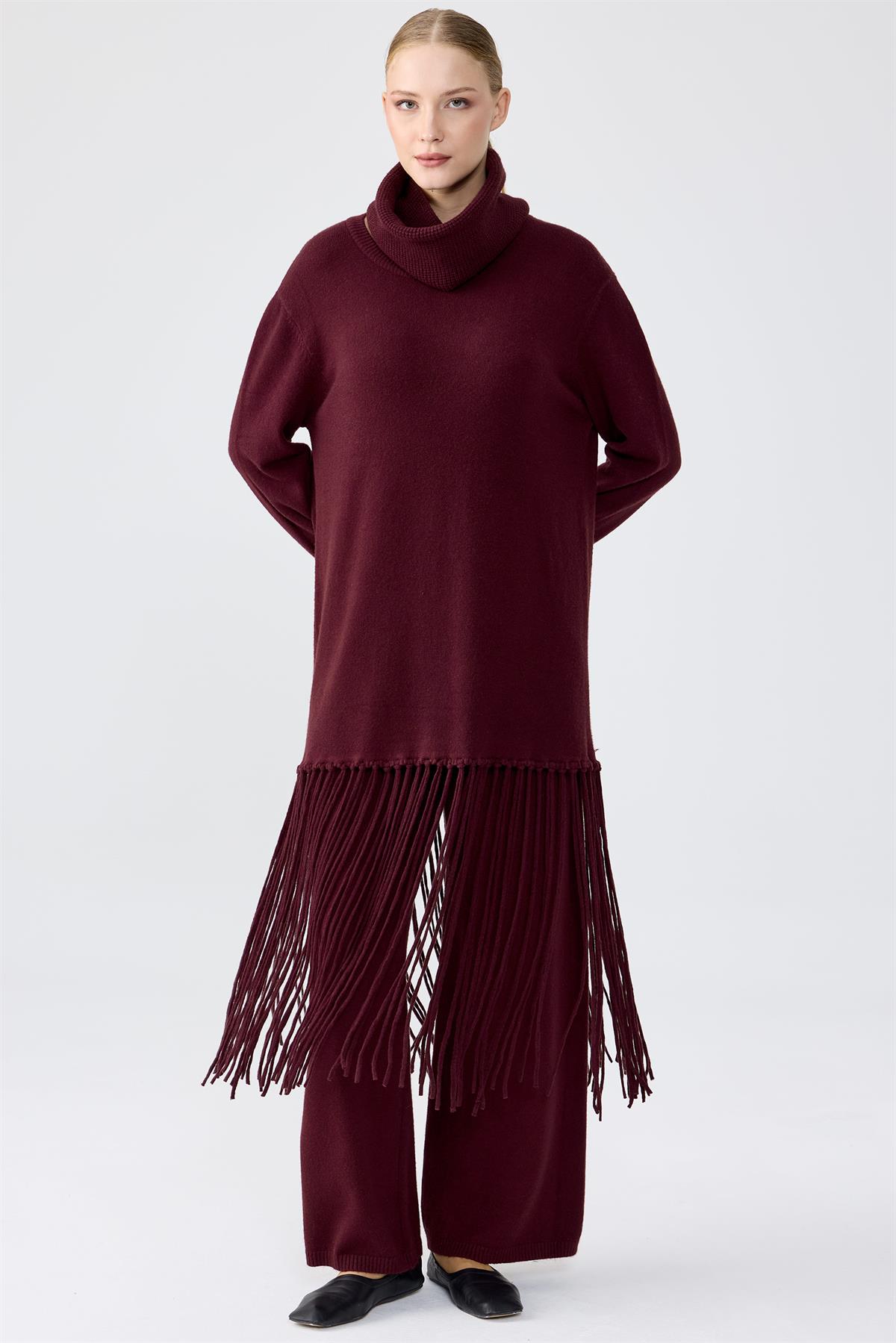 Seyyar Balıkcı Yaka Püsküllü Pantolonlu Triko Takım BORDO