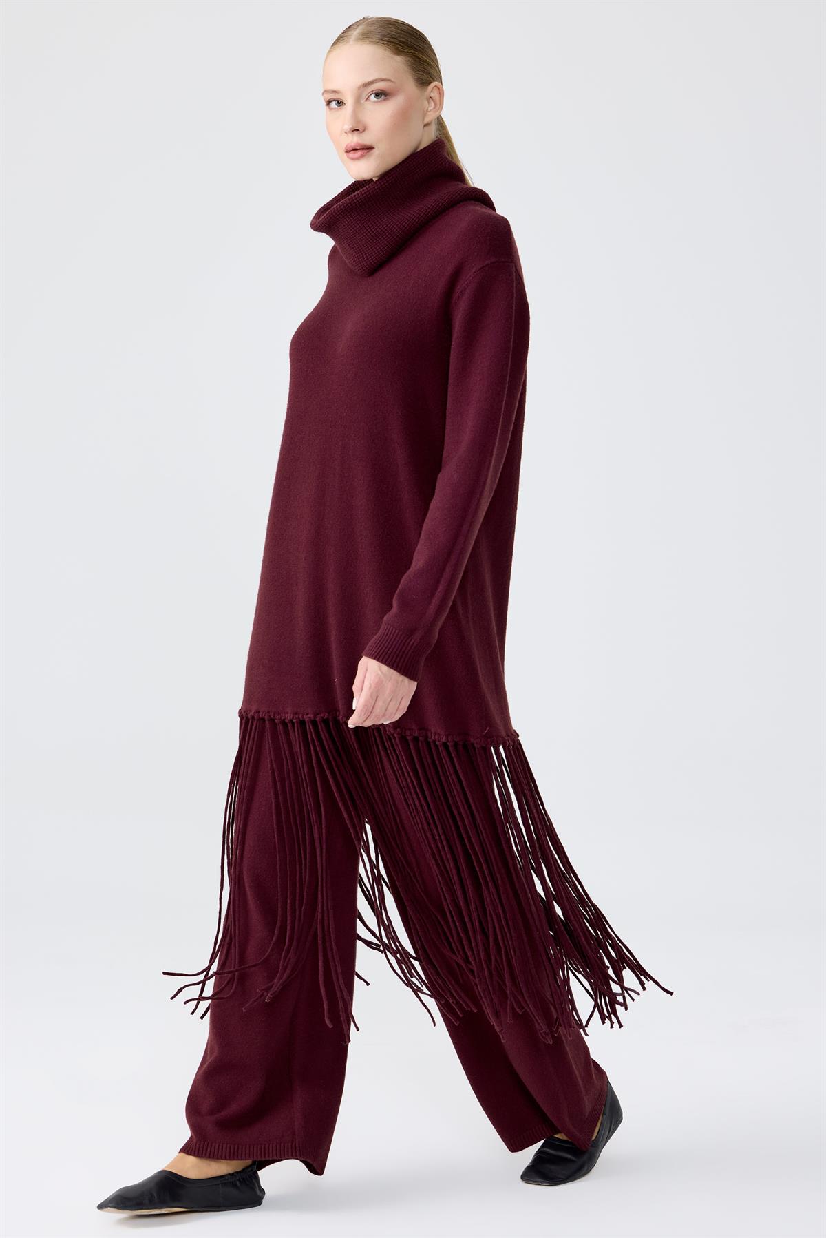 Seyyar Balıkcı Yaka Püsküllü Pantolonlu Triko Takım BORDO